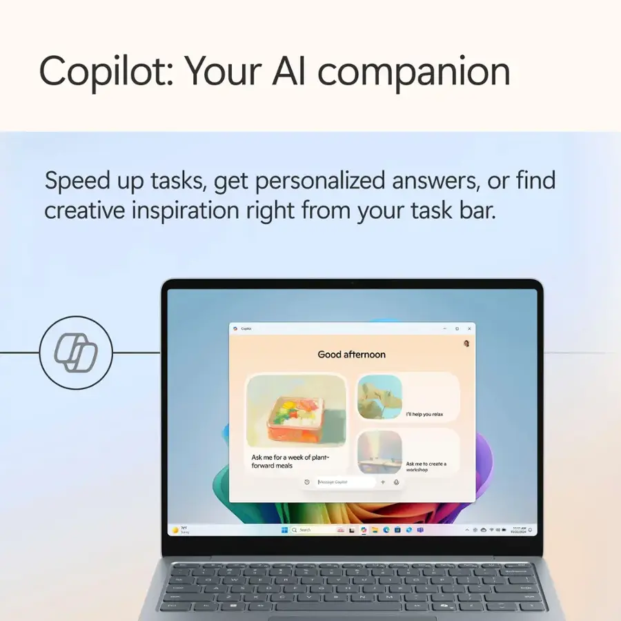 Copilot: Your AI companion. Speed up tasks, get personalized answers, or find creative inspiration right from your task bar. Good afternoon! A help request: Ask me for a week of plant-forward meals.