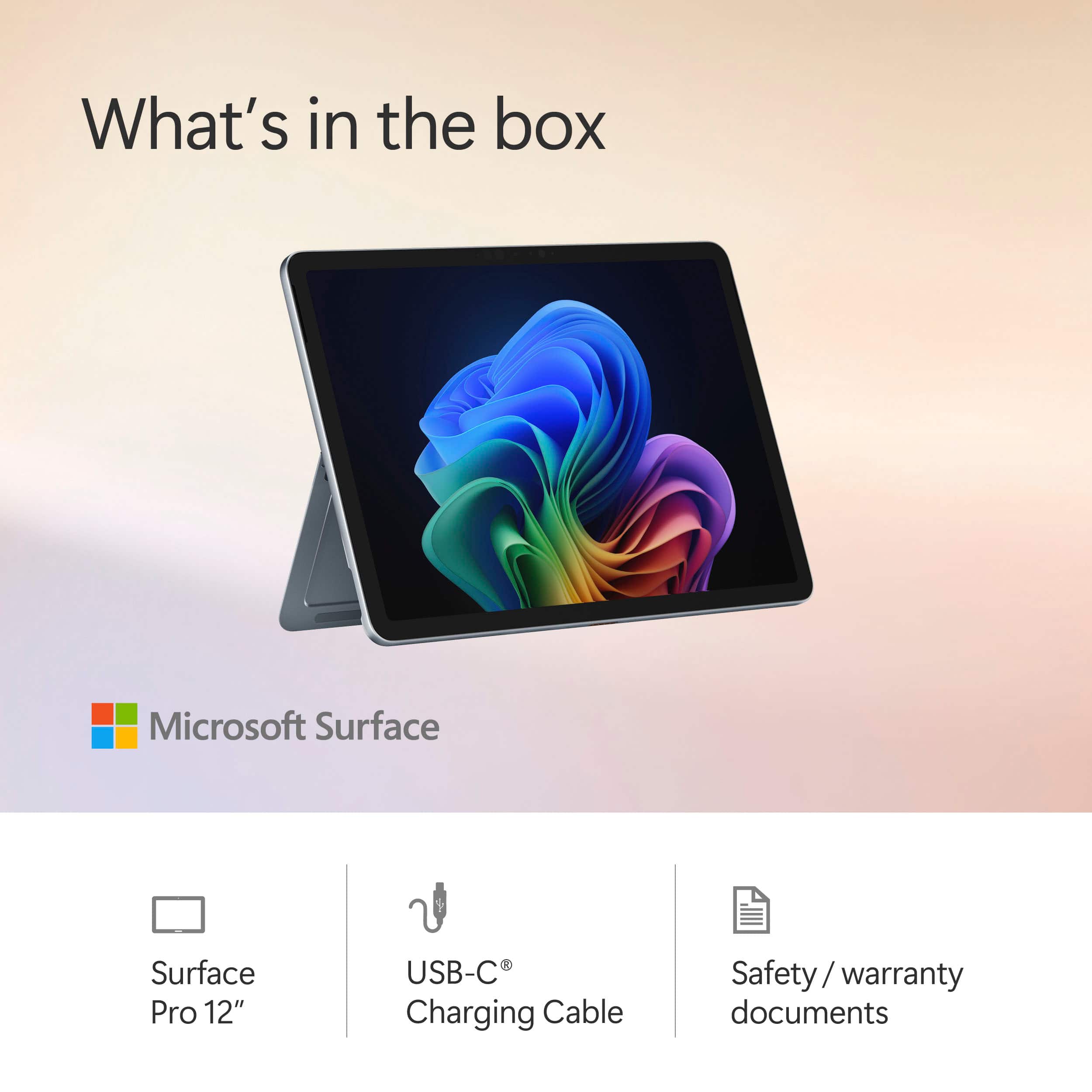 What's in the box: Microsoft Surface, Surface Pro 12" USB-C Charging Cable, Safety y/warranty, documents.