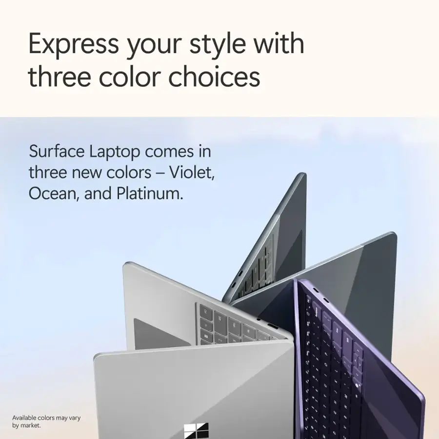 Express your style with three color choices: Surface Laptop comes in three new colors - Violet, Ocean, and Platinum.
