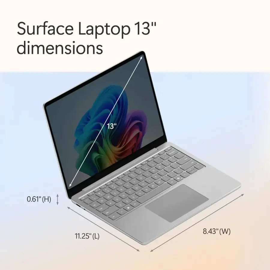 Surface Laptop 13" dimensions: 13" (L) x 0.61" (H) x 8.43" (W)