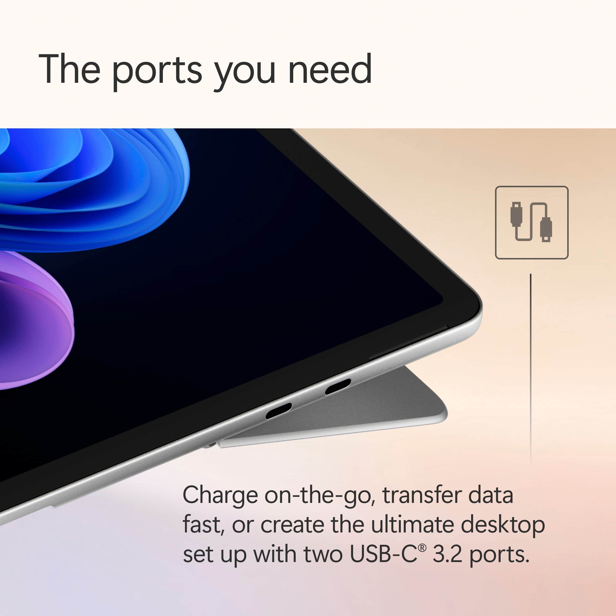 The ports you need include charge on-the-go, transfer data fast, or create the ultimate desktop set up with two USB-C 3.2 ports.
