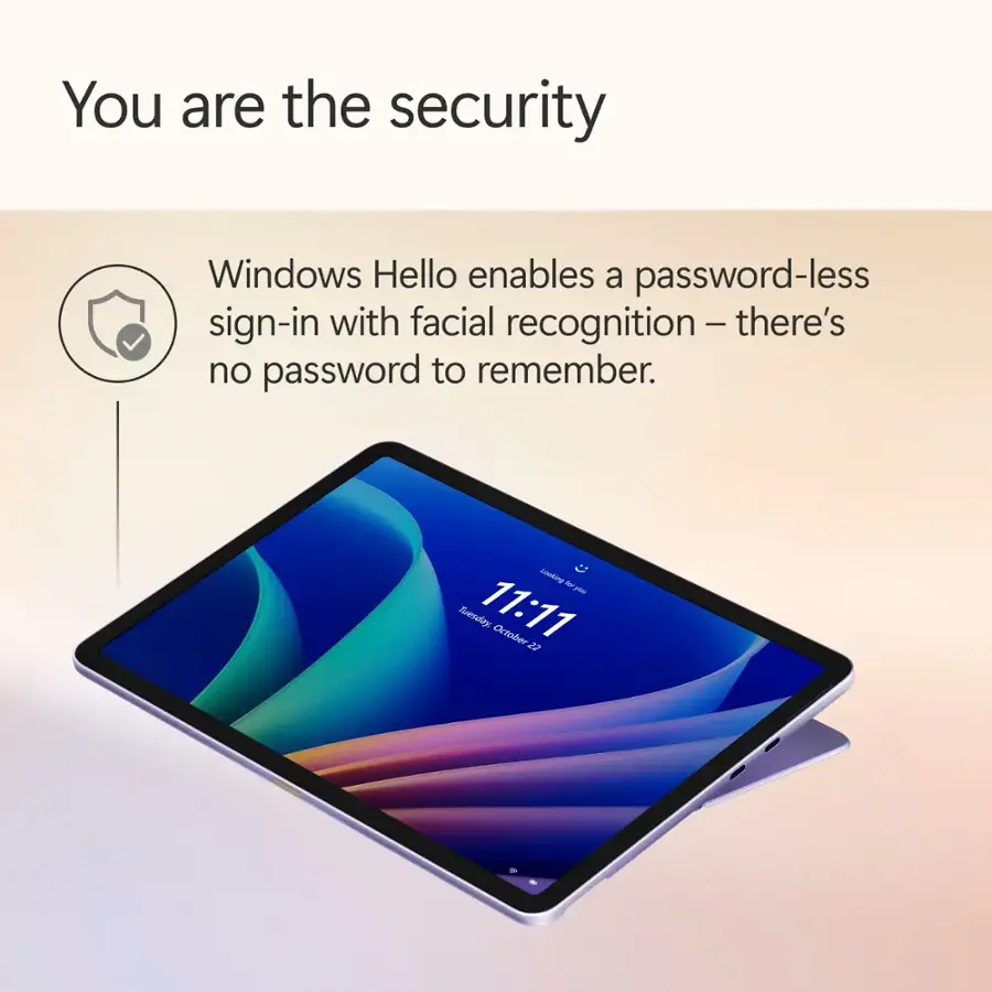 You are the security. Windows Hello enables a password-less sign-in with facial recognition - there's no password to remember. Looking at the time: 11:11. October 22.
