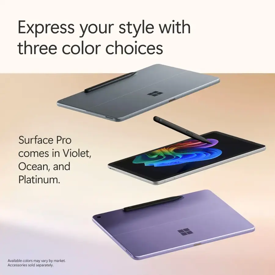 Express your style with three color choices: Violet, Ocean, and Platinum. Surface Pro comes in these three colors. Available colors may vary by market. Accessories are sold separately.