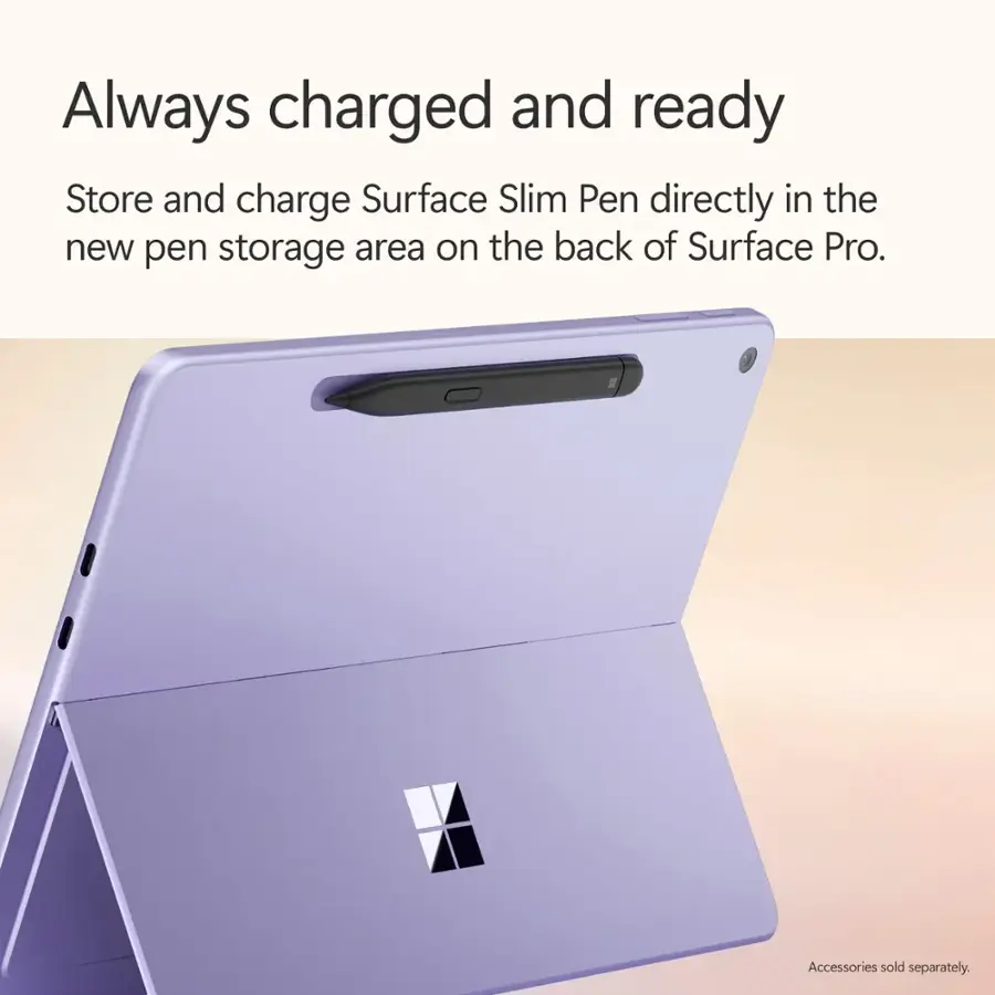 Always charged and ready. Store and charge Surface Slim Pen directly in the new pen storage area on the back of Surface Pro. Accessories sold separately.