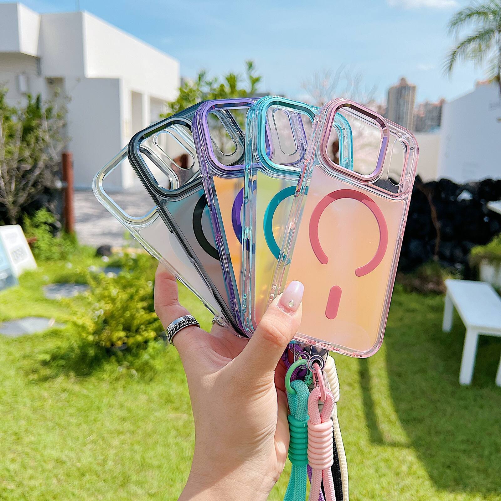 Alt View 1. Dteck - Glossy Iridescent Shockproof Phone Case for Apple iPhone 17 Pro, Magnetic Protective Cover with Detachable Wrist Strap - Pink.