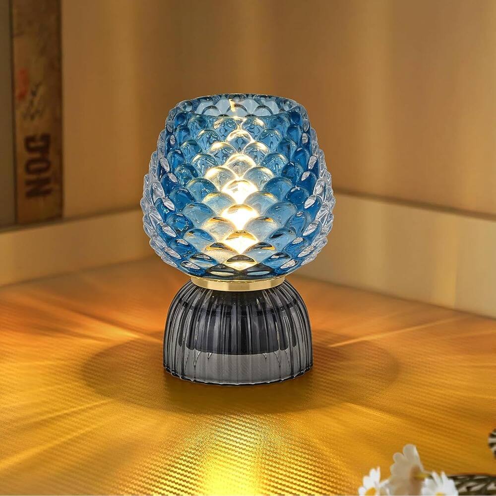 RTMB - Battery Operated Glass Table Lamp with Timer, Pinecone Design, Blue
