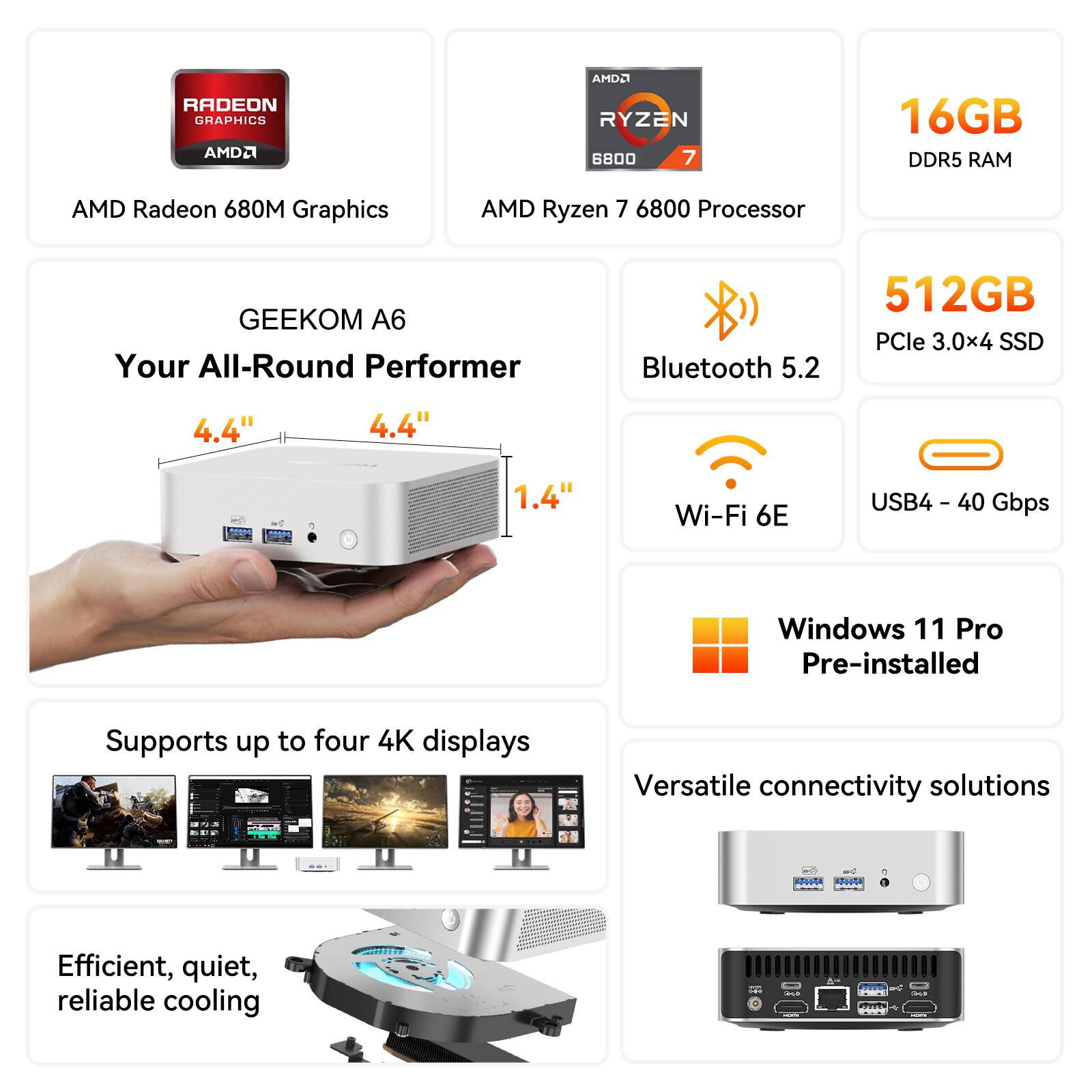 RADEON GRAPHICS AMD Radeon 680M Graphics  
AMD Ryzen 7 6800 Processor  
16GB DDR5 RAM  
512GB PCIe 3.0x4 SSD  
Bluetooth 5.2  
Wi-Fi 6E  
USB4 - 40 Gbps  
Windows 11 Pro Pre-installed  
Supports up to four 4K displays  
Versatile connectivity solutions  
Efficient, quiet, reliable cooling