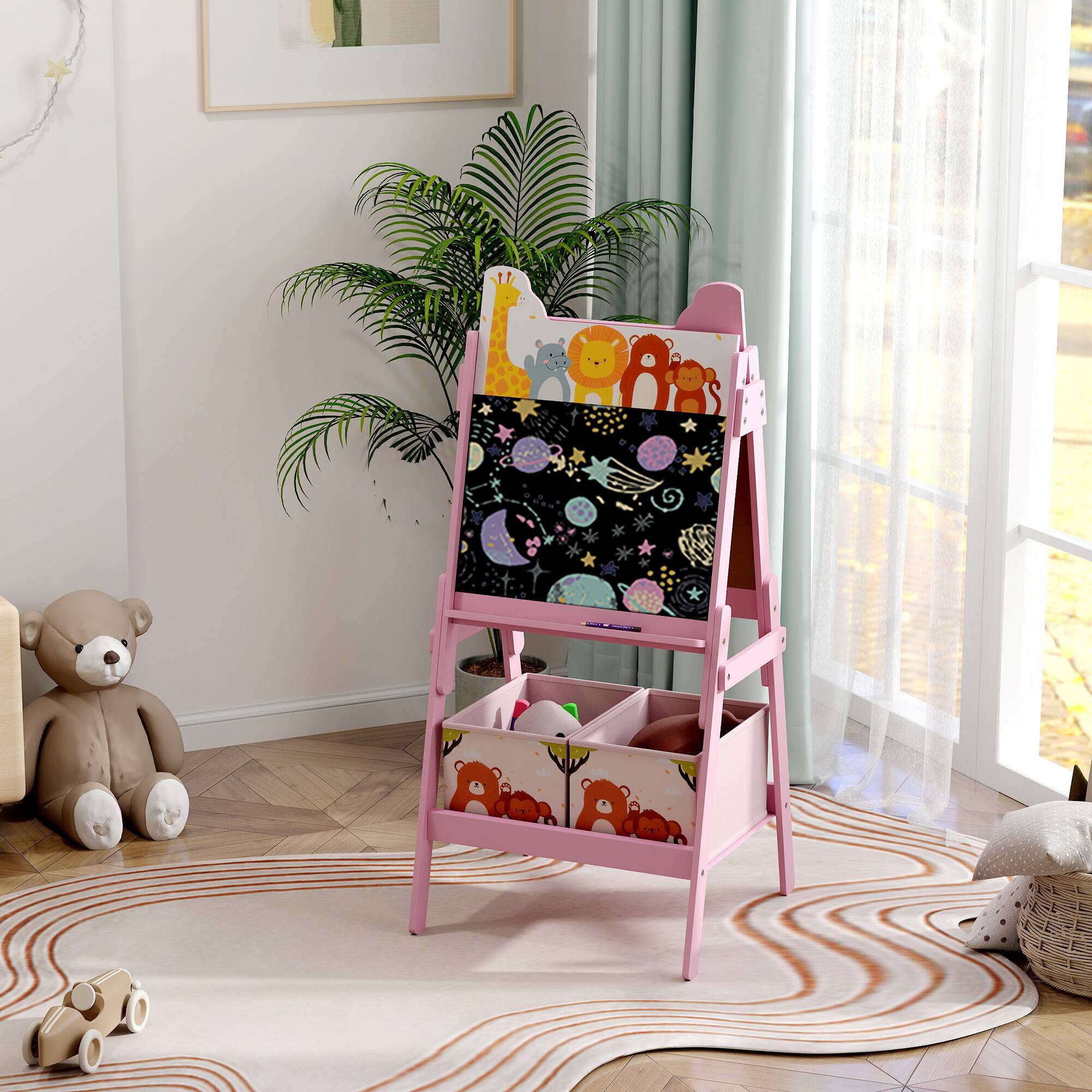 Alt View 1. Qaba - Easel for Kids w/ Whiteboard, Chalkboard - Pink.