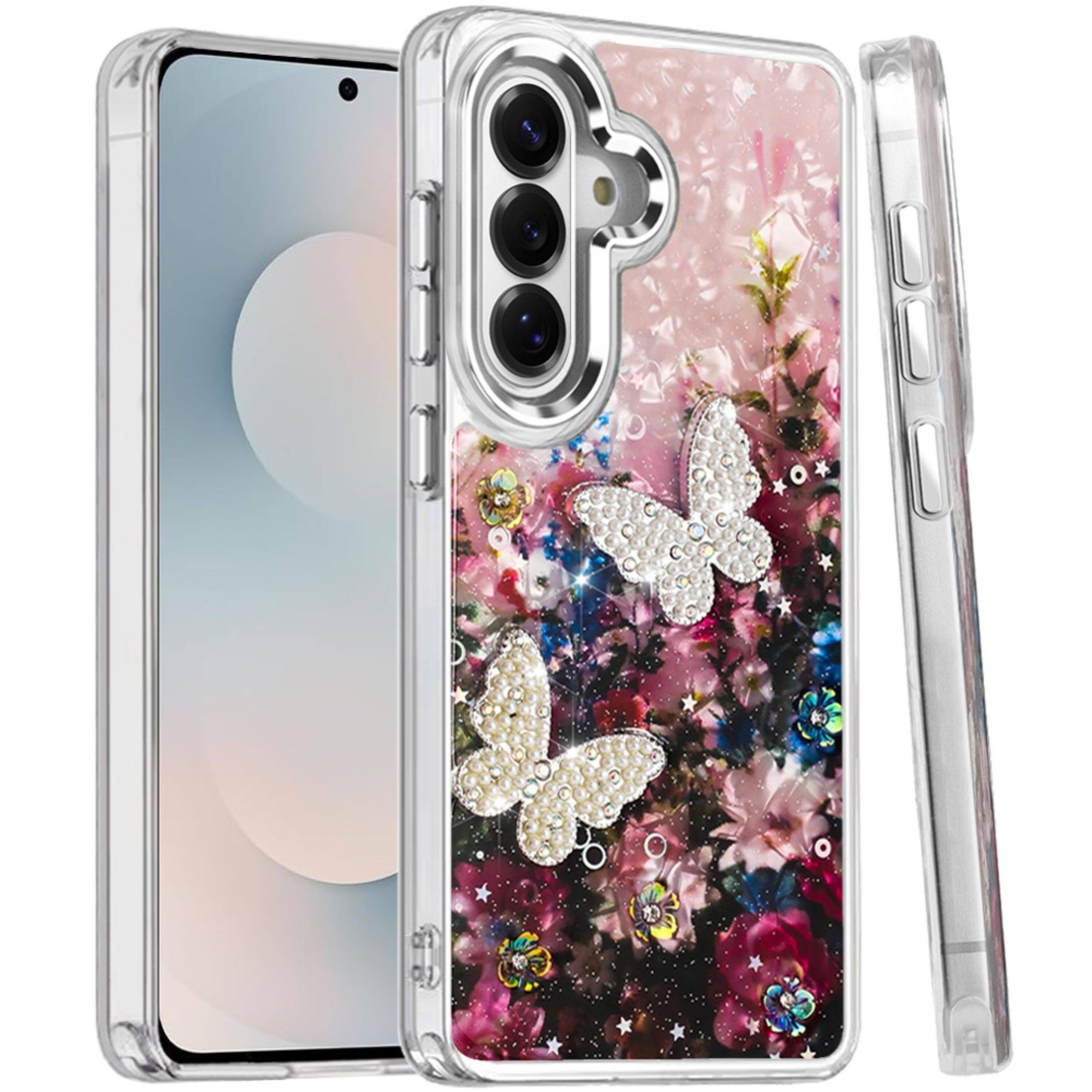 Front. Kitcheniva - Epoxy Glitter With 3D Beaded Butterflies Plus Tempered Glass For Samsung S25 FE 8 - Multicolor.