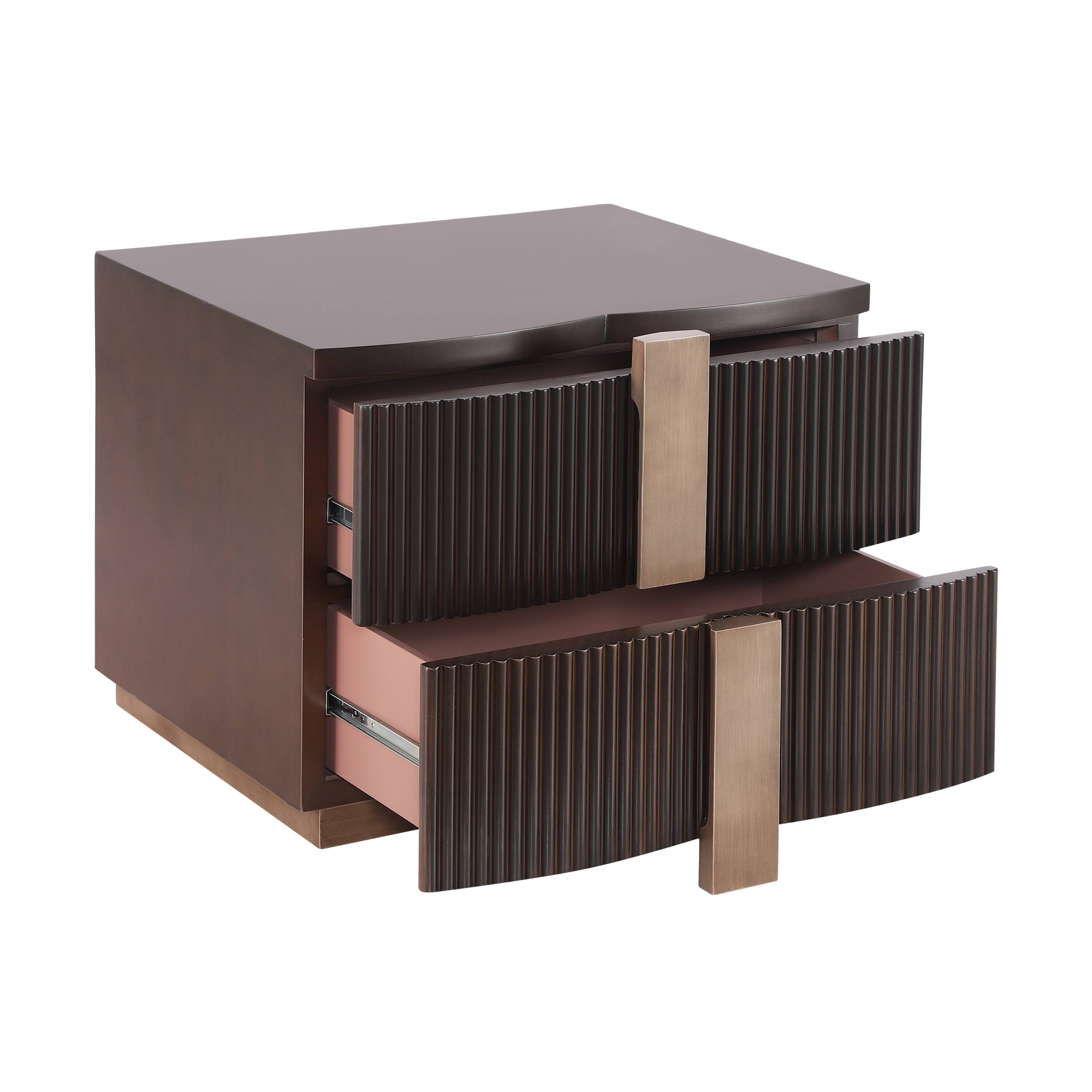 Left. Whisen - 2-Drawer Fluted Nightstand,Fully Assembled Bedside Table with Heavy-Duty Base and Gold Pulls - Dark Brown.