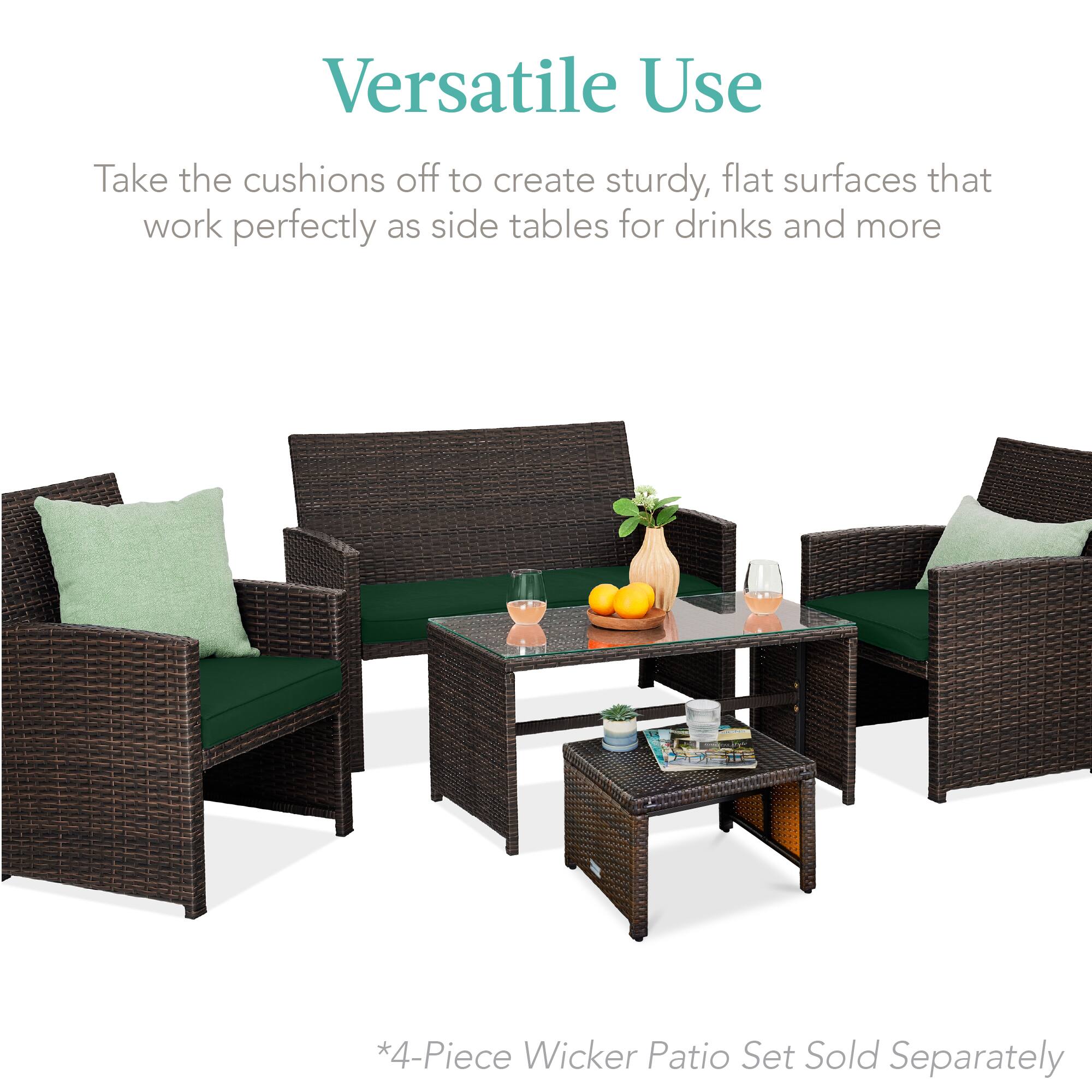 Versatile Use

Take the cushions off to create sturdy, flat surfaces that work perfectly as side tables for drinks and more

*4-Piece Wicker Patio Set Sold Separately