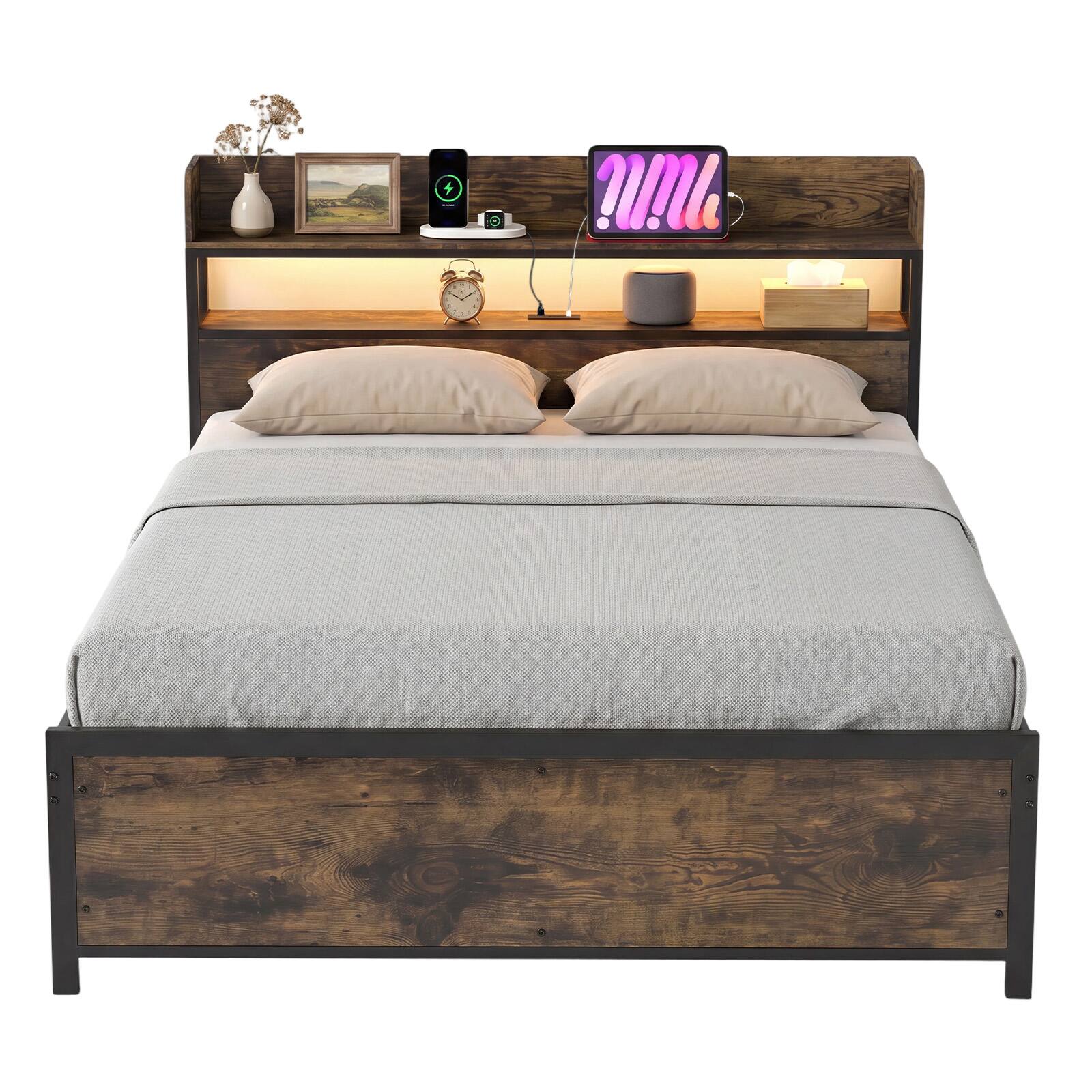 Alt View 2. Costway - Coatway Full Bed Frame with LED Lights Power Outlets Storage Headboard Metal Slat Support - Rustic Brown.