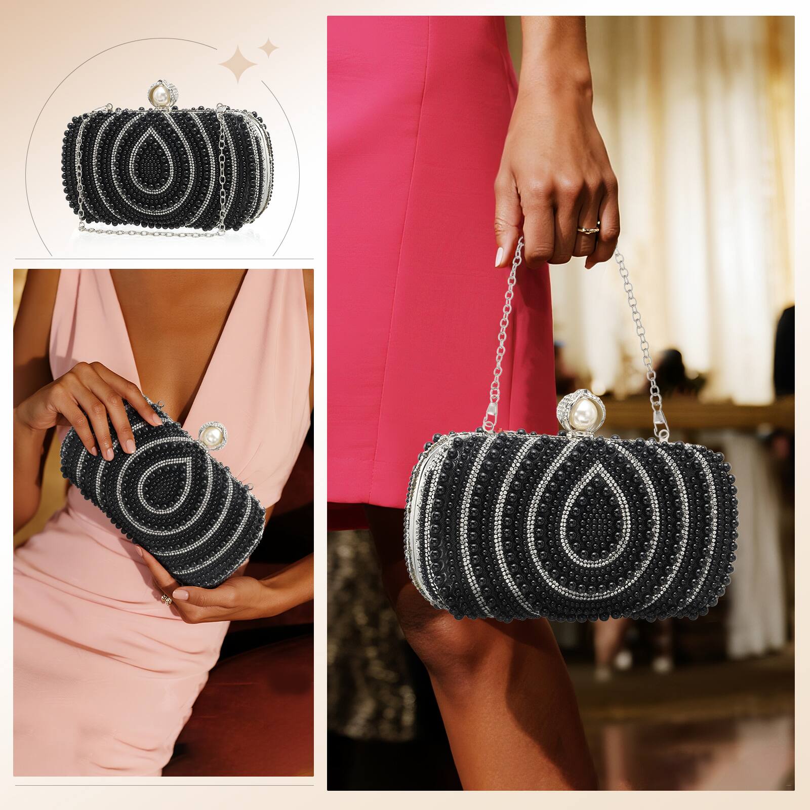 Alt View 1. Unique Bargains - Evening Clutch Purse for Women, Vintage Beads Buckle Clasp Handbag for Bridal Wedding 1920s Party Crossbody Bag - Black.