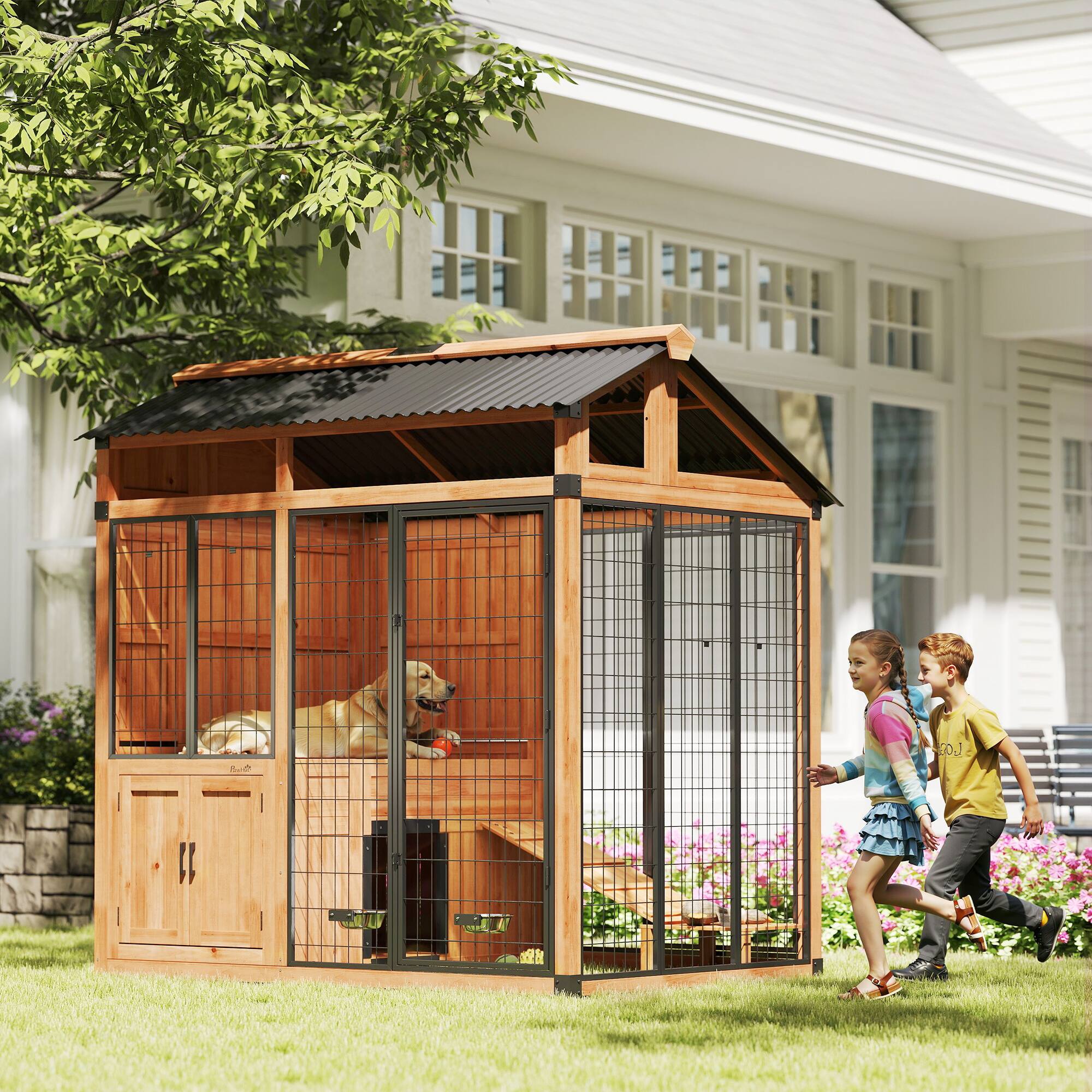 Alt View 1. Pawhut - 7' x 5' Extra Large Dog House, Wood Outdoor Dog Kennel with Platform - Yellow.