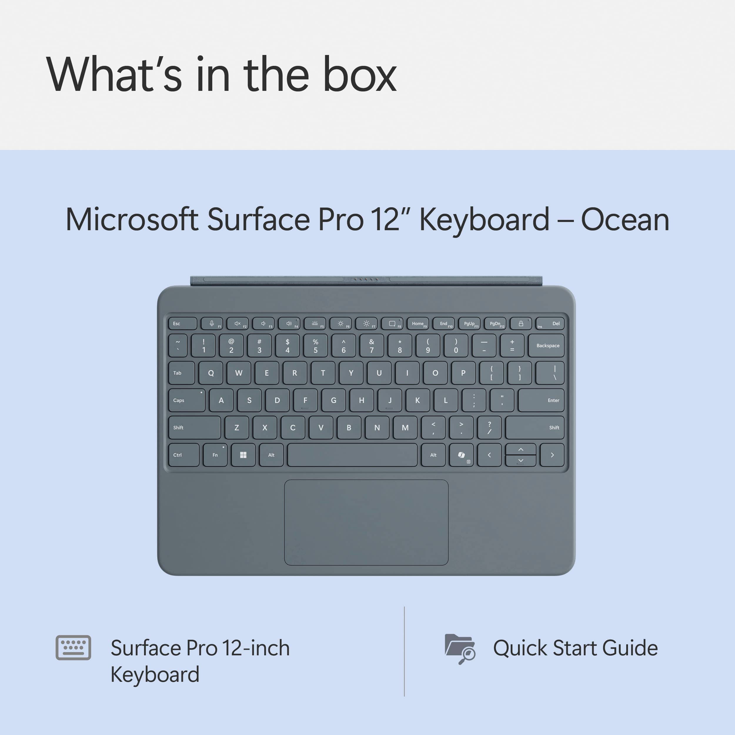What's in the box: Microsoft Surface Pro 12" Keyboard - Ocean - Quick Start Guide