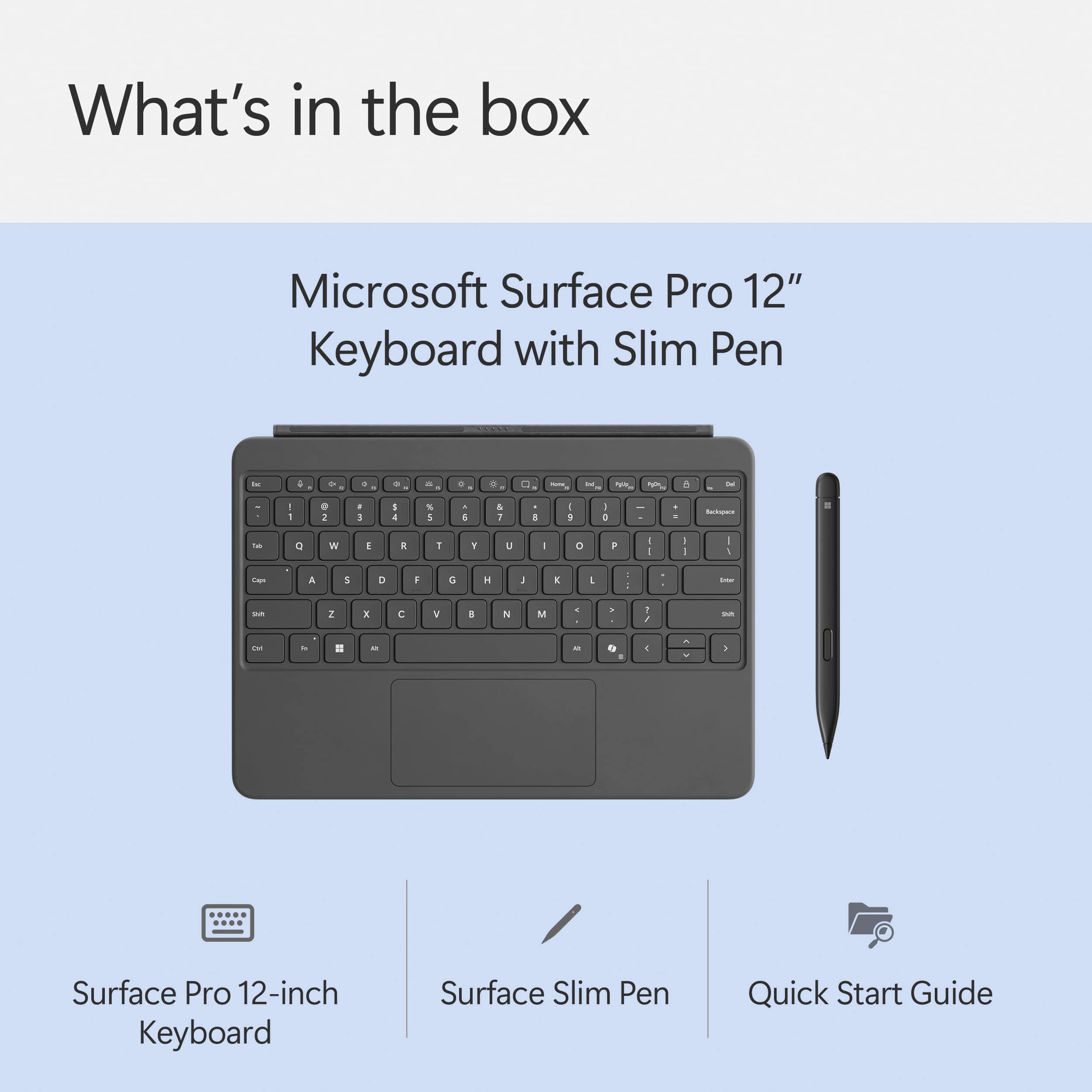 What's in the box: Microsoft Surface Pro 12" Keyboard with Slim Pen - Quick Start Guide