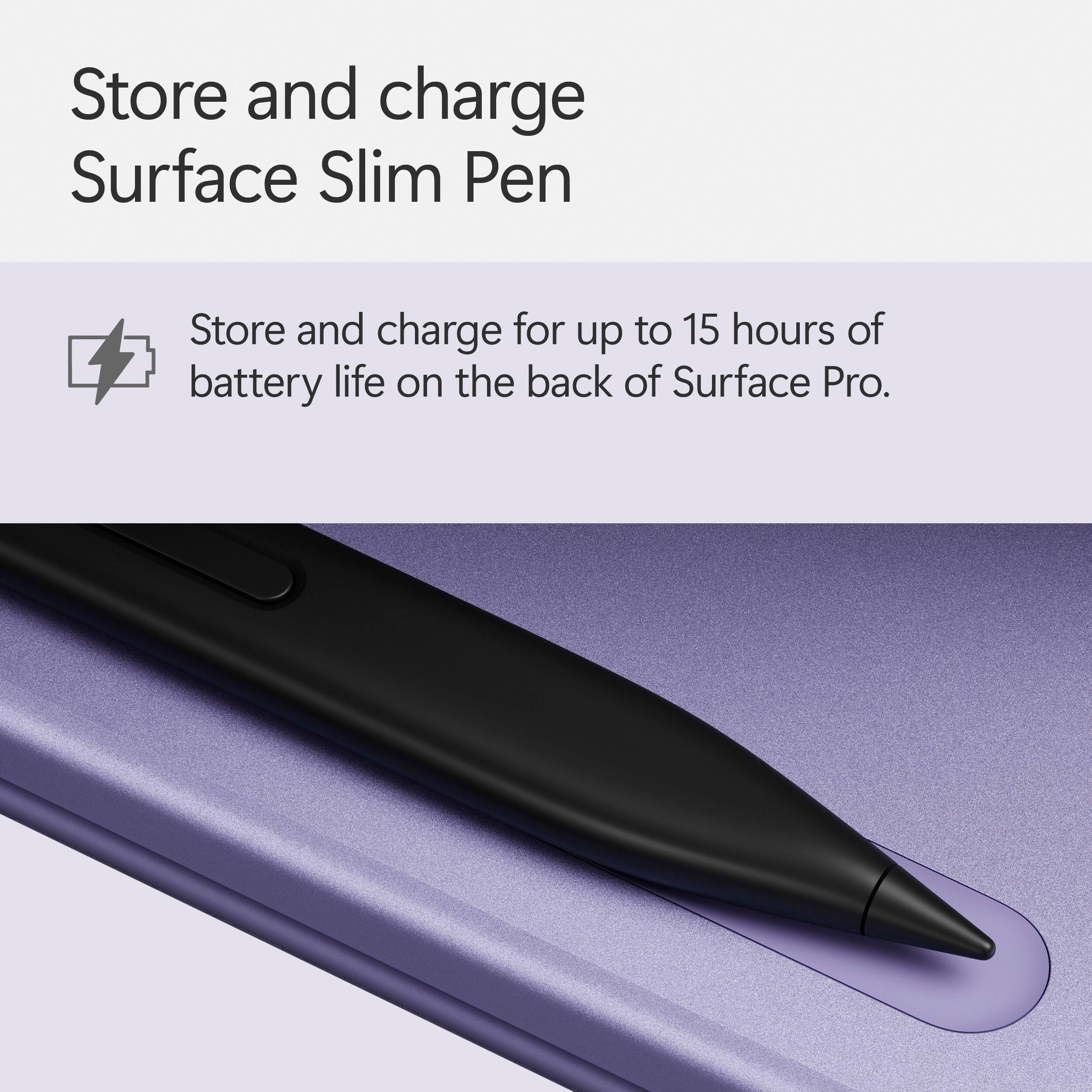 Store and charge Surface Slim Pen for up to 15 hours of battery life on the back of Surface Pro.