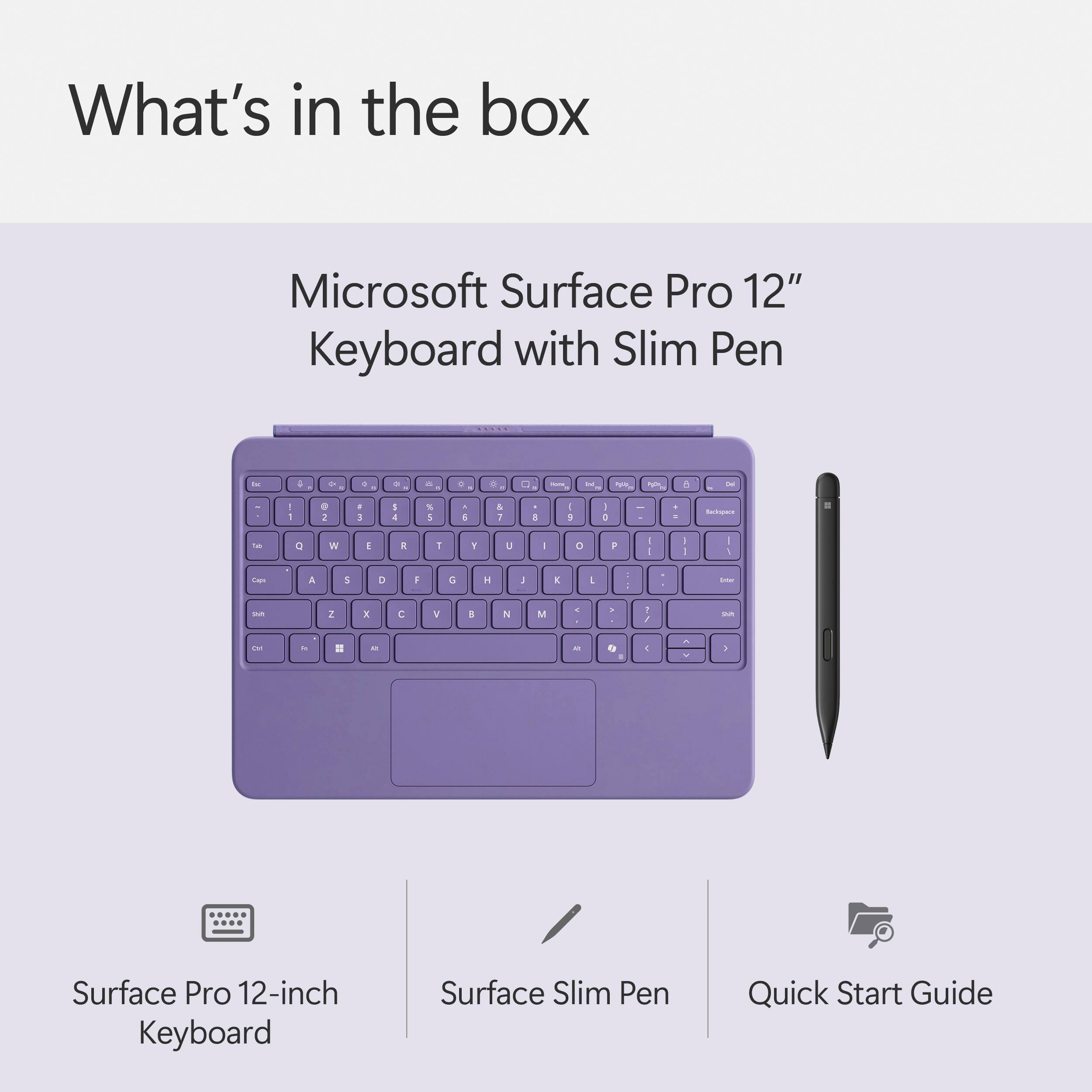 What's in the box: Microsoft Surface Pro 12" Keyboard with Slim Pen - Quick Start Guide