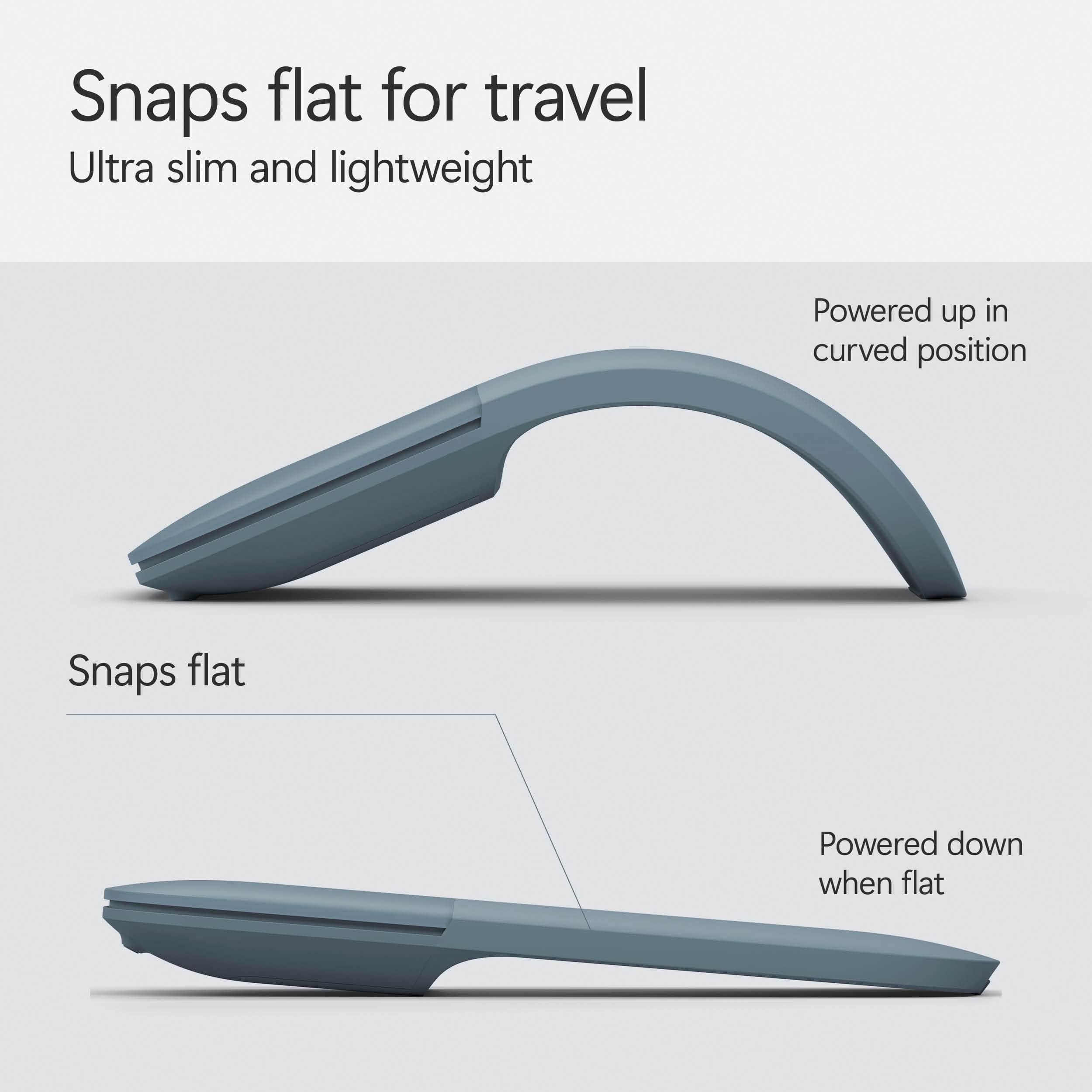 Snaps flat for travel: Ultra slim and lightweight. Powered up in curved position. Snaps flat: Powered down when flat.