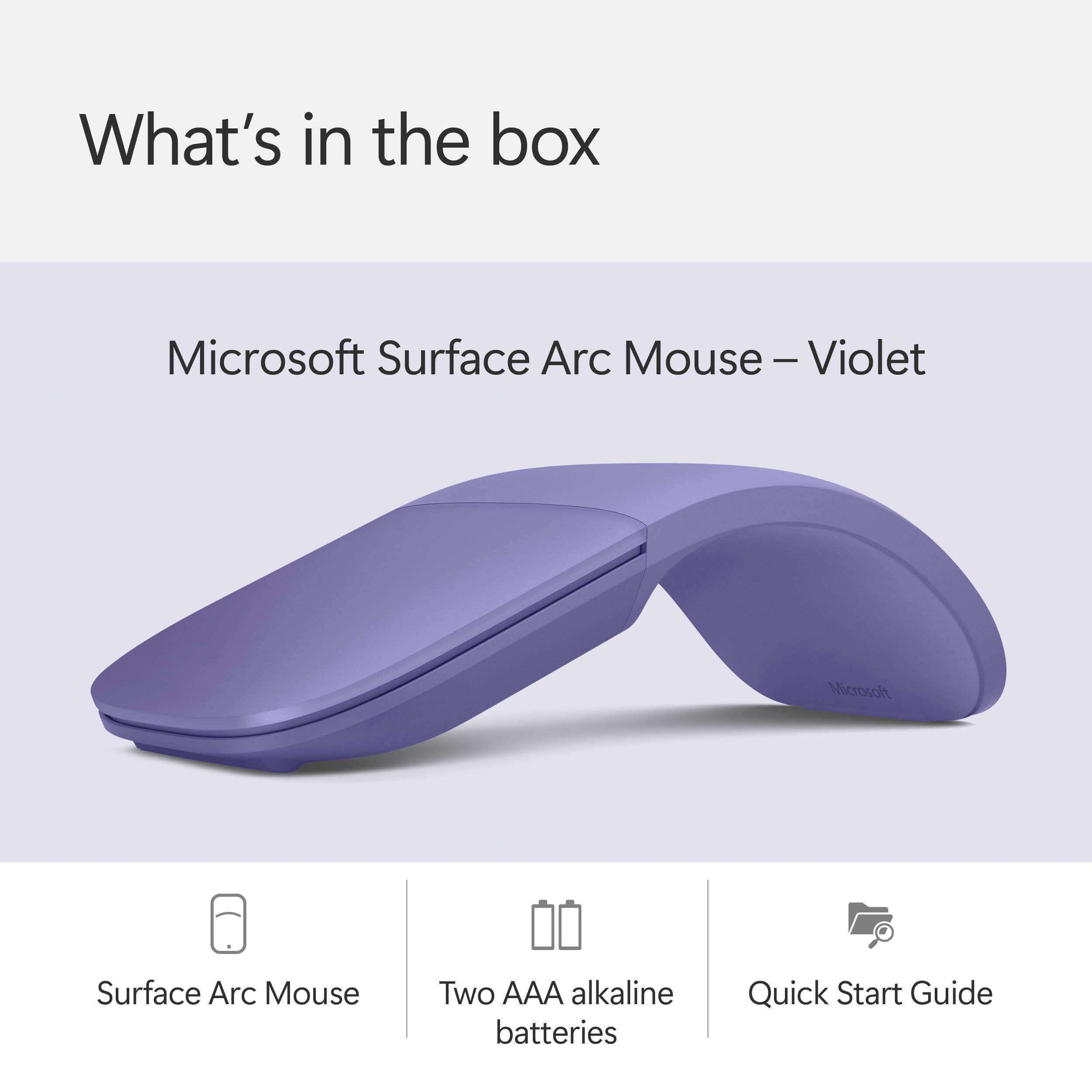 What's in the box: Microsoft Surface Arc Mouse - Violet, Two AAA alkaline batteries, Quick Start Guide.
