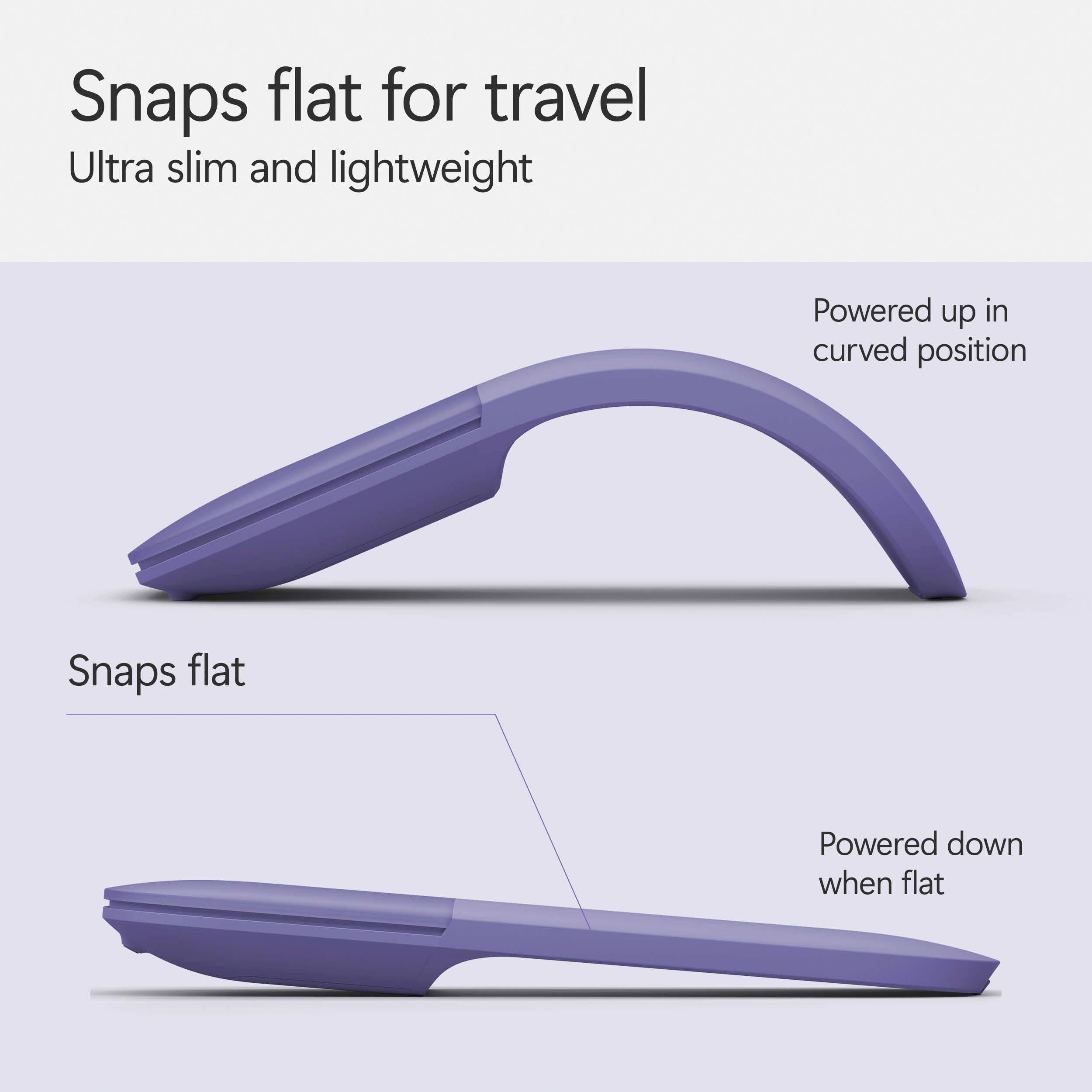 Snaps flat for travel. Ultra slim and lightweight. Powered up in curved position. Snaps flat. Powered down when flat.