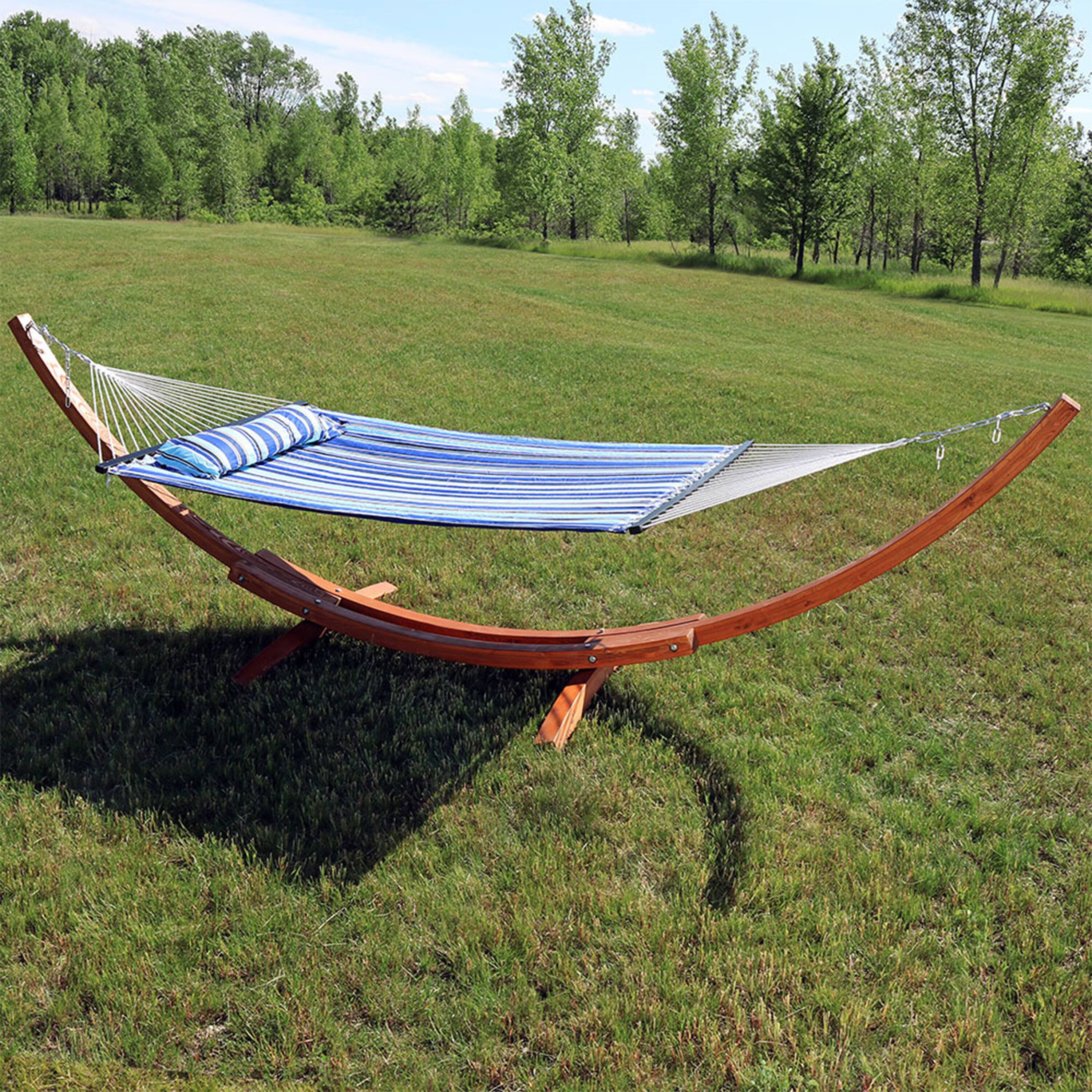 Alt View 4. Sunnydaze - Large Quilted Hammock with Curved Wooden Stand - Catalina Beach.