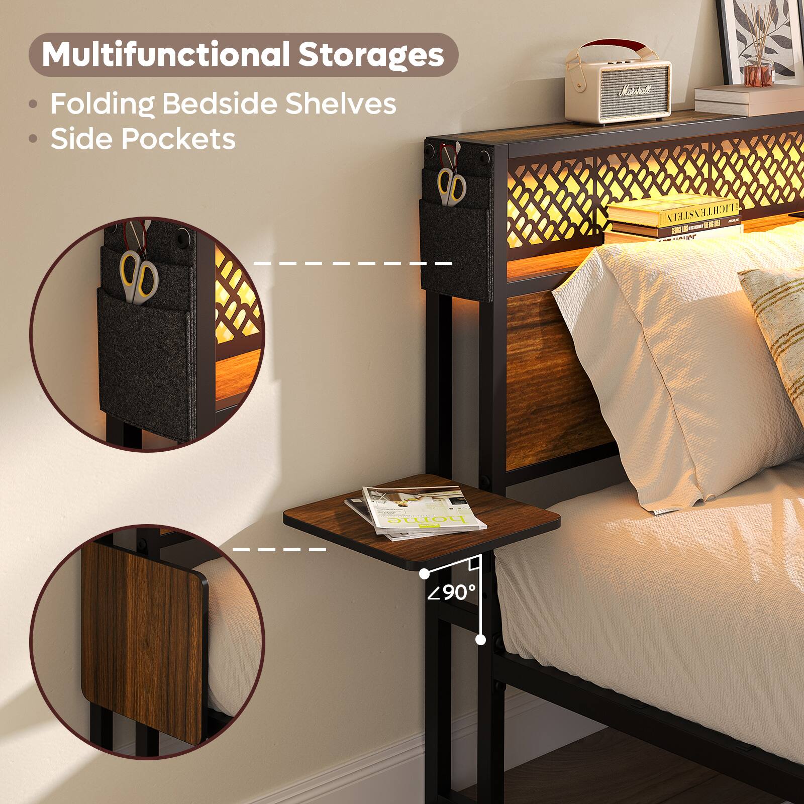 Multifunctional Storages  
- Folding Bedside Shelves  
- Side Pockets  

Todc LICHTENSTEIN - 1m  

RP Codes home - 290