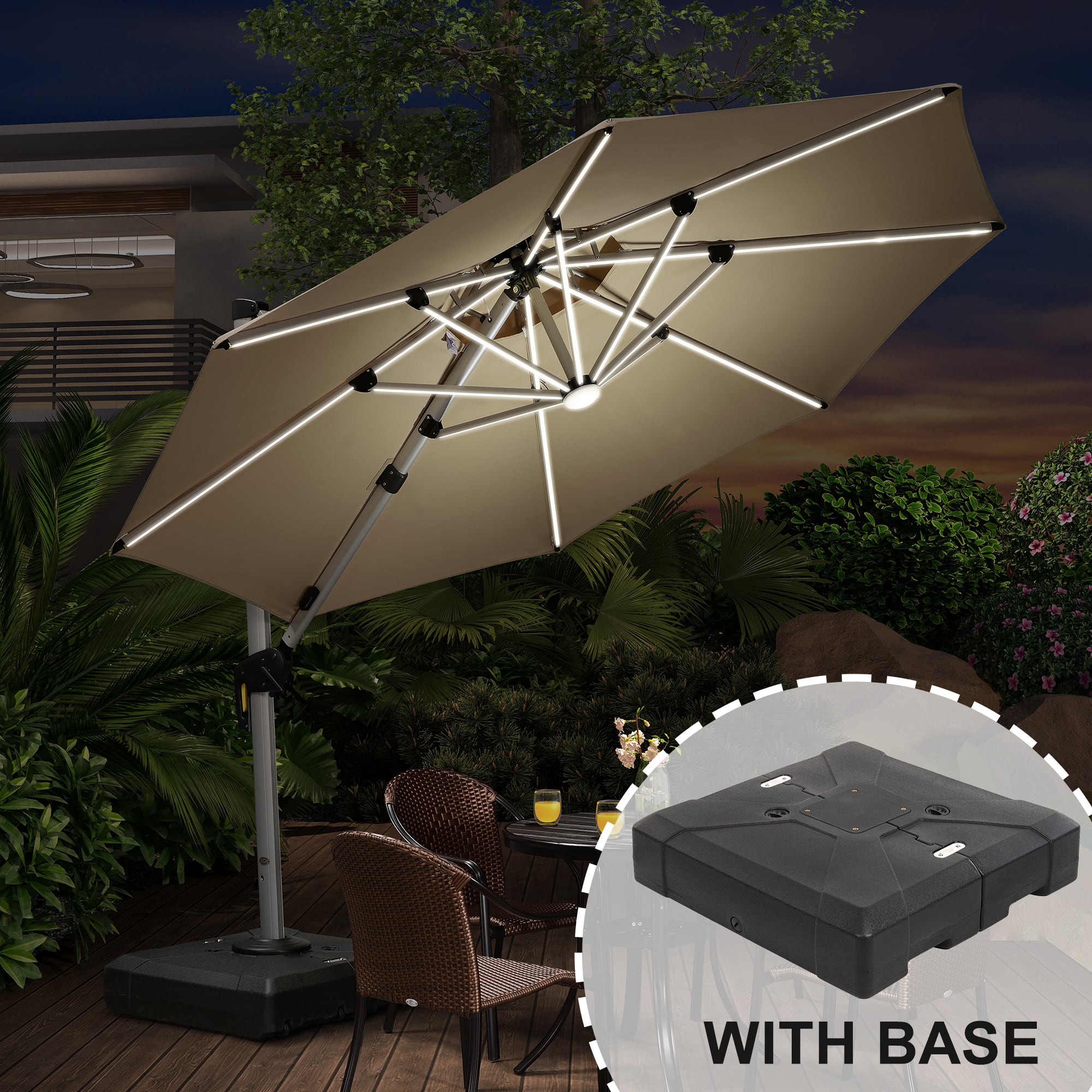 11 ft offset patio umbrella with solar led lights 10/11/12ft Solar LED Round Cantilever Patio Umbrella main image 1