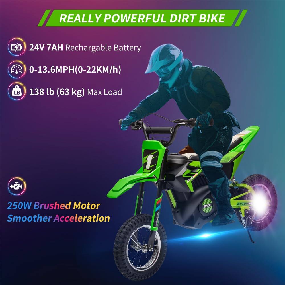REALLY POWERFUL DIRT BIKE

- 24V 7AH Rechargeable Battery
- 0-13.6MPH (0-22KM/h)
- 138 lb (63 kg) Max Load
- 250W Brushed Motor
- Smoother Acceleration