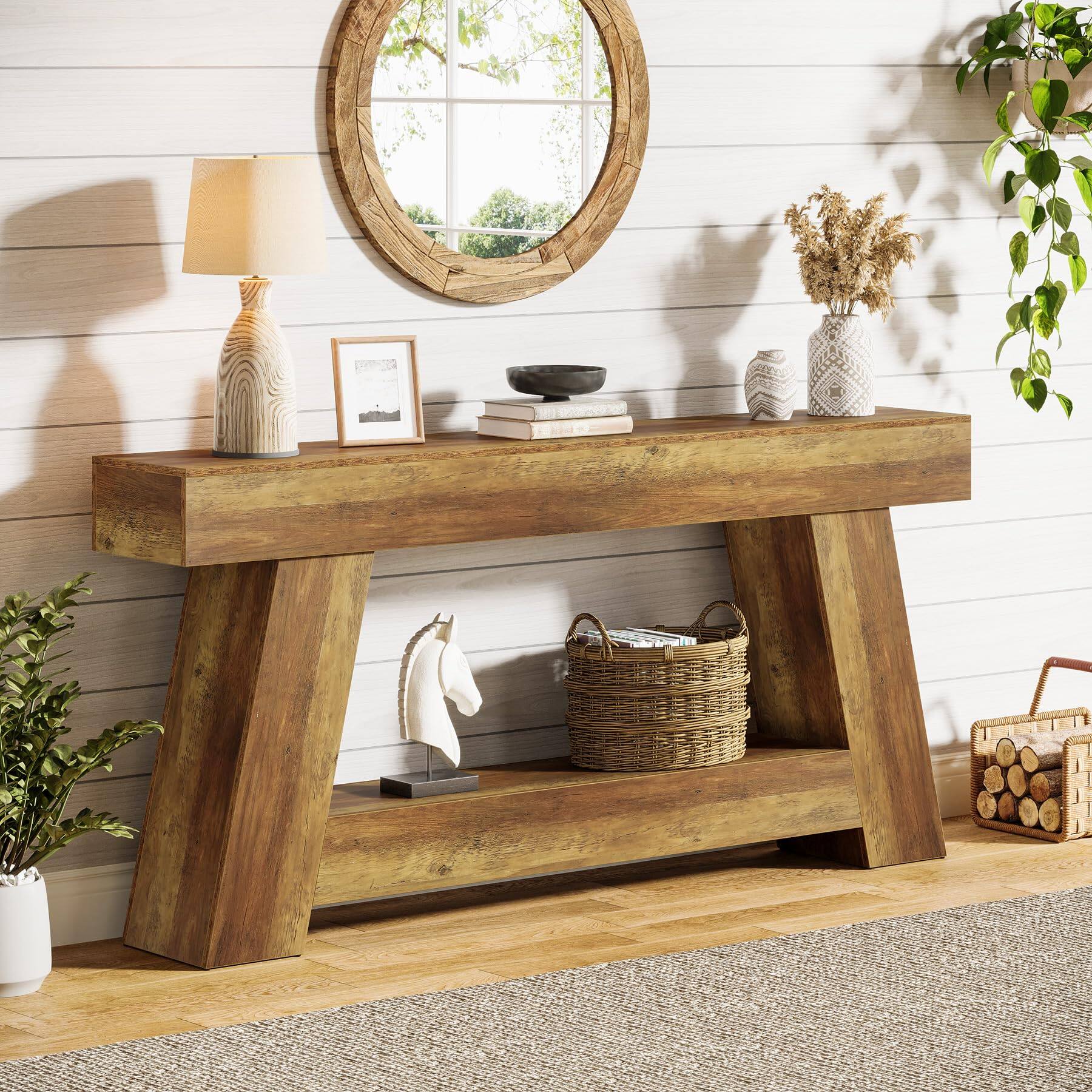Alt View 3. Tribesigns - 70.9" Extra Long Farmhouse Console Table, 2-Tier Wooden Sofa Table Behind Couch, Rustic Entryway Table with Storage Shel - Rustic Brown.