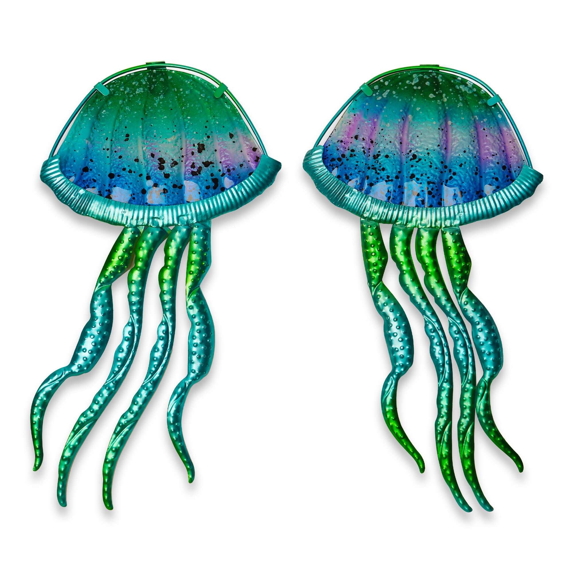 G128 - Jellyfish Metal Wall Art Set Coastal Ocean Indoor Outdoor Hanging Decor 15 x 8 in - Blue, Green, Purple