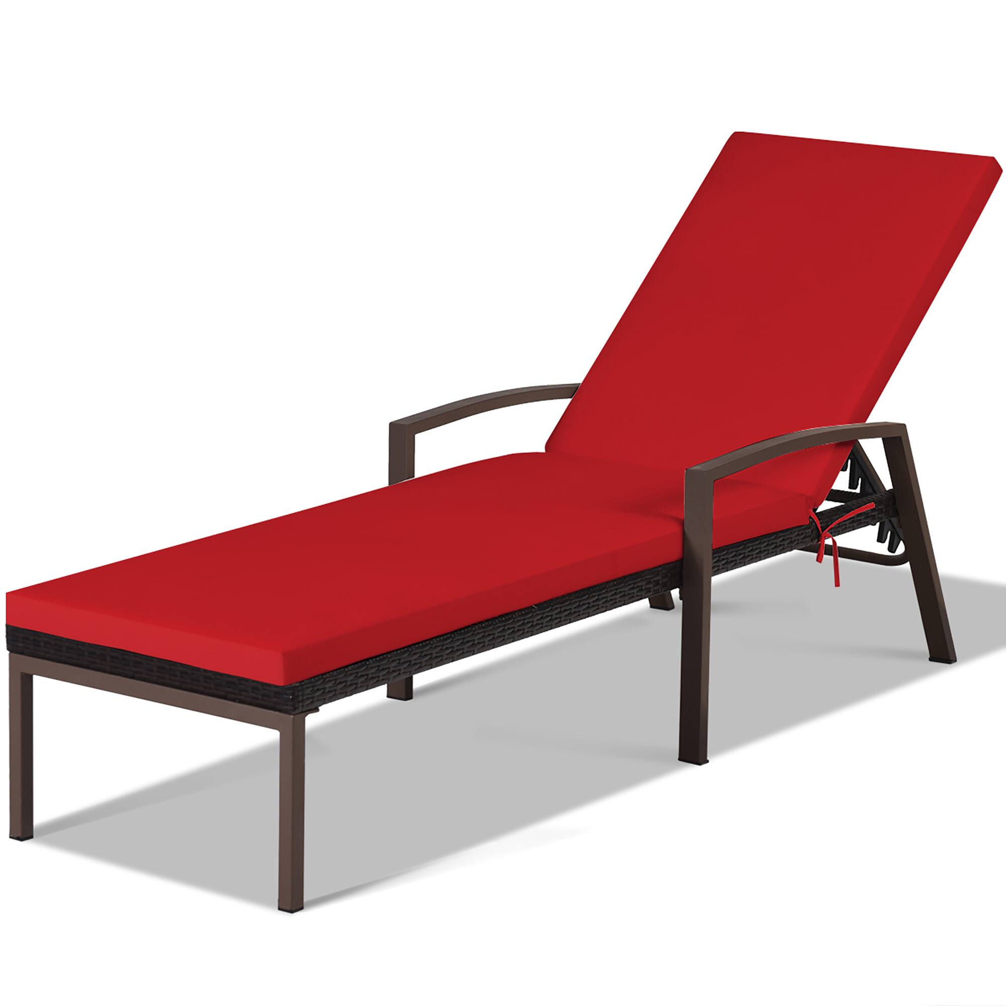 Front. Costway - Patio Rattan Lounge Chair Chaise Recliner Back Adjustable w/Cushion Outdoor - Red.