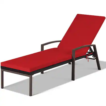 Front. Costway - Patio Rattan Lounge Chair Chaise Recliner Back Adjustable w/Cushion Outdoor - Red.