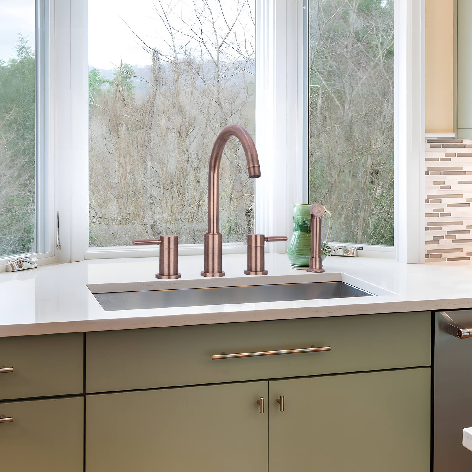 Alt View 3. Akicon - Akicon Solid Brass Double-Handle 360° Swivel Widespread Kitchen Faucet with Side Sprayer in Antique Copper - Antique Copper.
