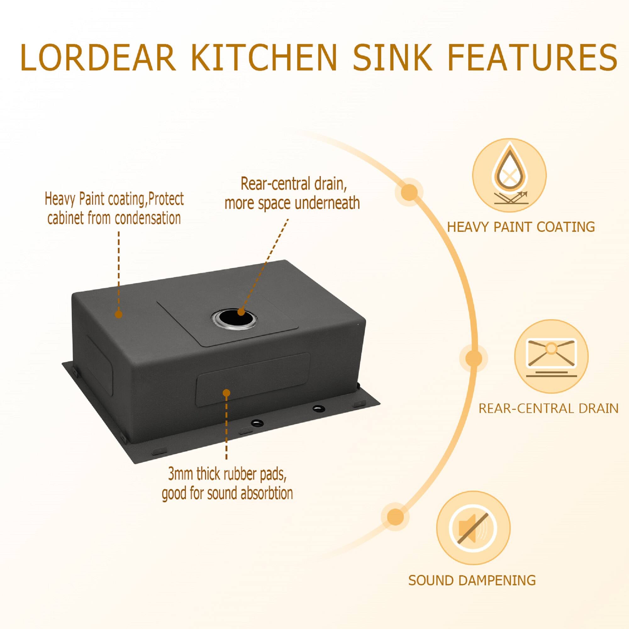 LORDEAR KITCHEN SINK FEATURES

- Heavy Paint Coating: Protects cabinet from condensation
- Rear-Central Drain: More space underneath
- 3mm Thick Rubber Pads: Good for sound absorption

HEAVY PAINT COATING  
REAR-CENTRAL DRAIN  
SOUND DAMPENING