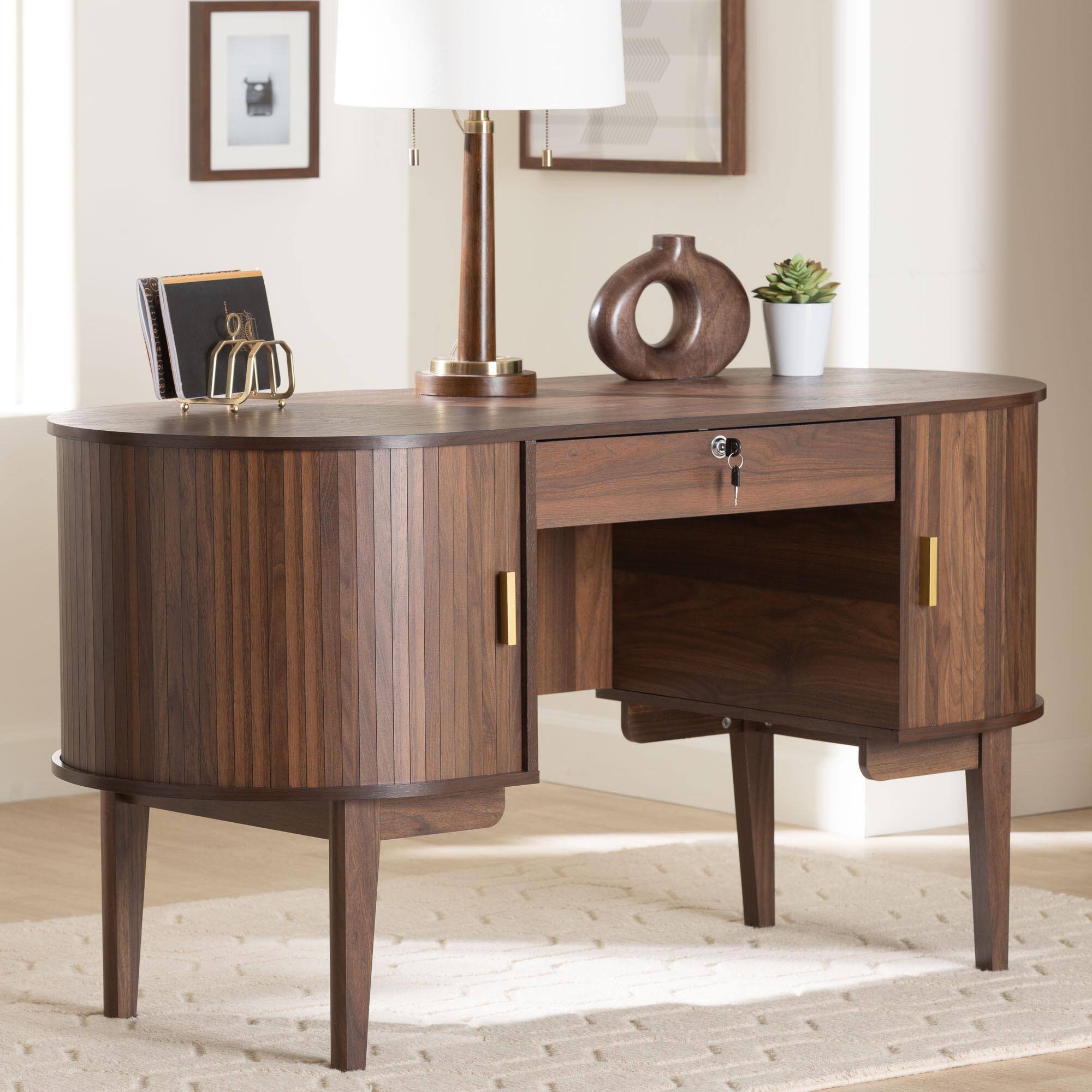 Alt View 6. Baxton Studio - Hayes Wood Writing Desk - Mid-Century Modern Oval Desk with Locking Drawer and Sliding Tambour Doors for Office or Home - Walnut Brown.