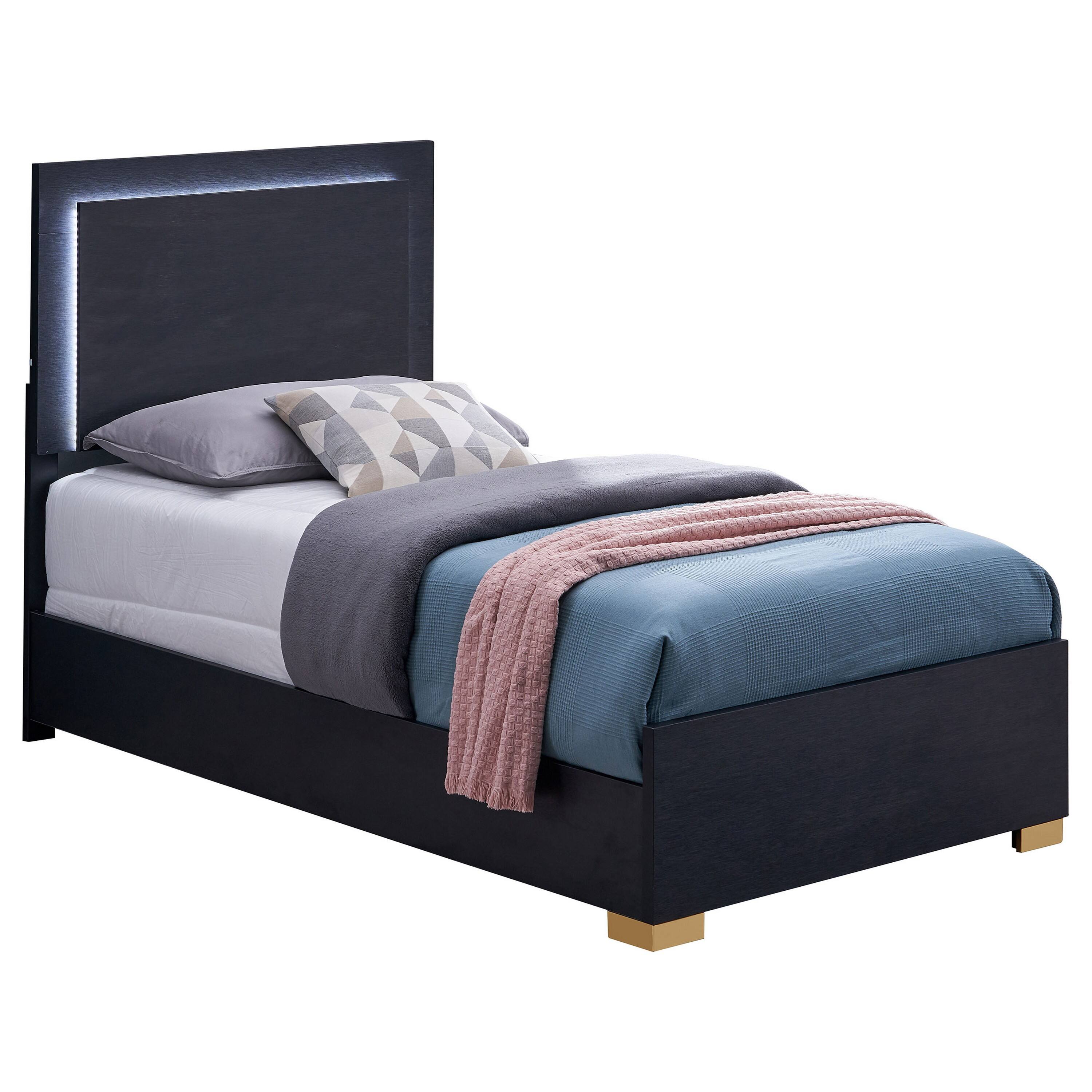 Front. Manhattan Lane - Dex Twin Size Bed with LED Framed Headboard, Black Wood Finish, Gold Legs - Black, Gold.