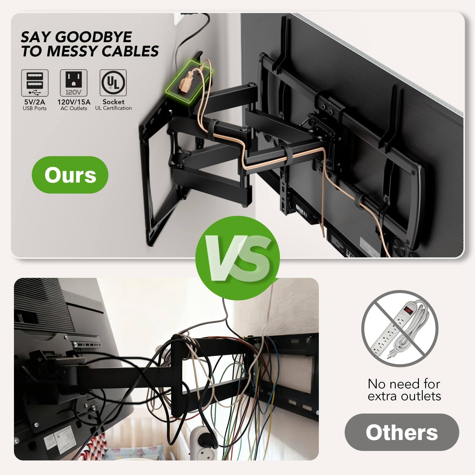 SAY GOODBYE TO MESSY CABLES

5V/2A USB Ports  
120V/15A AC Outlets  
UL Certification

Ours

VS

No need for extra outlets

Others