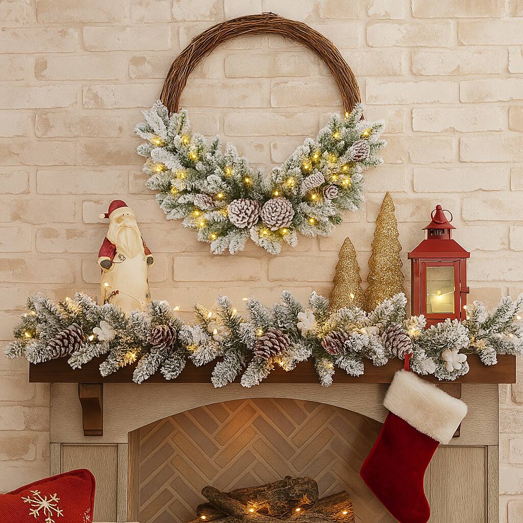 Angle. BreeBe - 35 Light Prelit Christmas Wreath Flocked with Pine Cones Design - Multicolor.