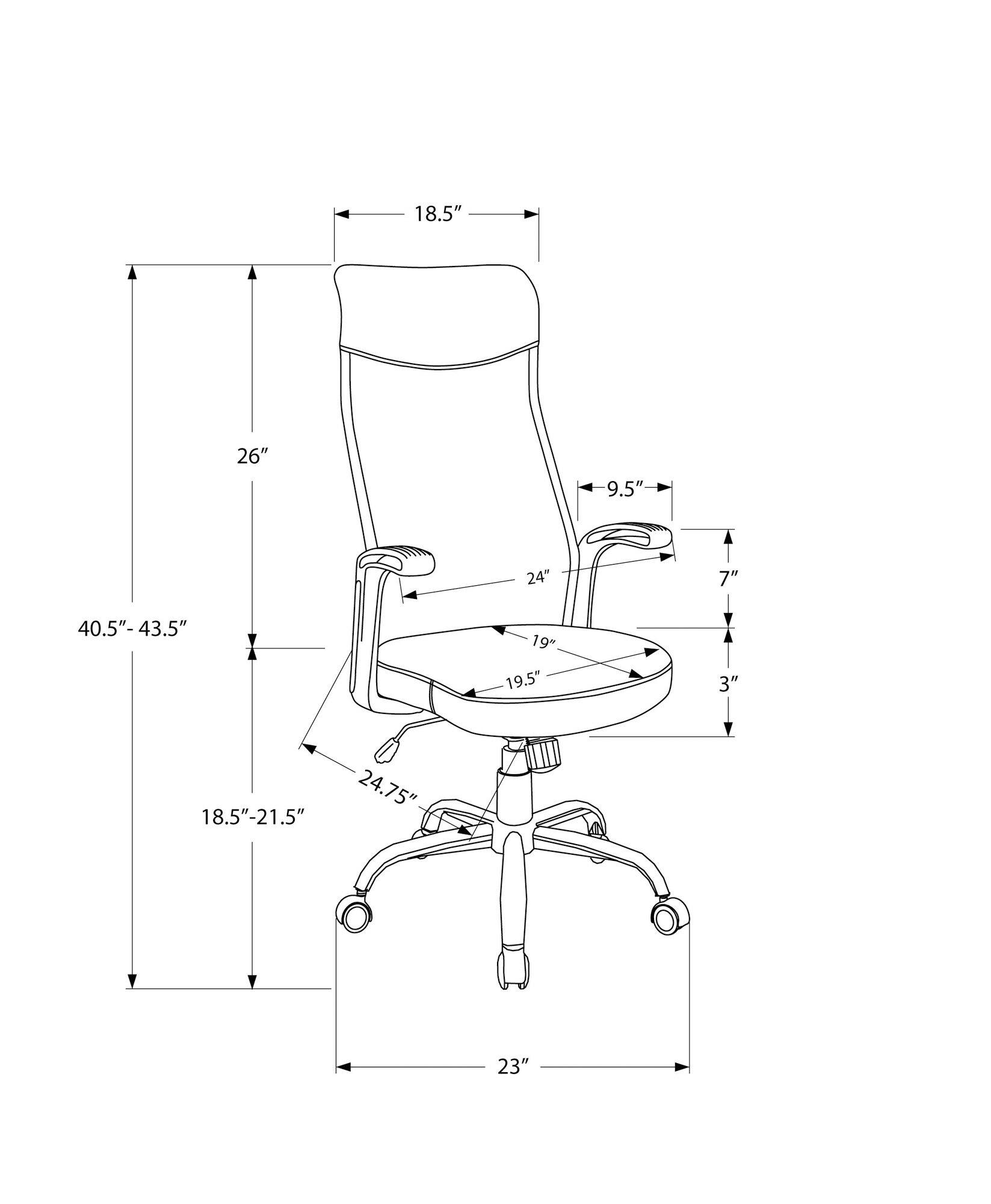 Here is the corrected and grouped text from the image:

- **Width:** 18.5"
- **Height:** 26"
- **Depth:** 9.5"
- **Seat Height:** 19"
- **Seat Depth:** 19.5"
- **Back Height:** 24"
- **Armrest Height:** 7"
- **Seat Width:** 18.5"-21.5"
- **Overall Height:** 40.5"-43.5"
- **Base Width:** 23"
- **Base Height:** 3"
- **Seat to Floor Height:** 24.75"
