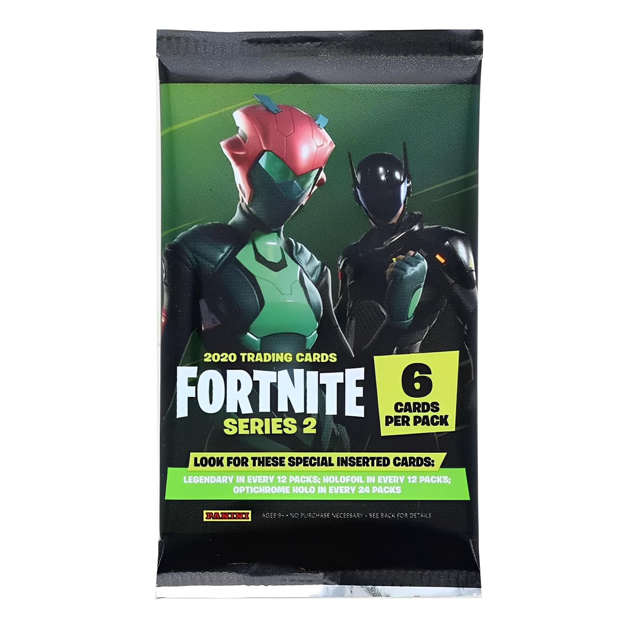 2020 TRADING CARDS  
FORTNITE SERIES 2  

6 CARDS PER PACK  

LOOK FOR THESE SPECIAL INSERTED CARDS:  
- LEGENDARY IN EVERY 12 PACKS  
- HOLOFOIL IN EVERY 12 PACKS  
- OPTICHROME HOLO IN EVERY 24 PACKS  

NO CHASE NECESSARY - SEE BACK FOR DETAILS  

PARAGON  
AGES 9+ - NO PURCHASE NECESSARY