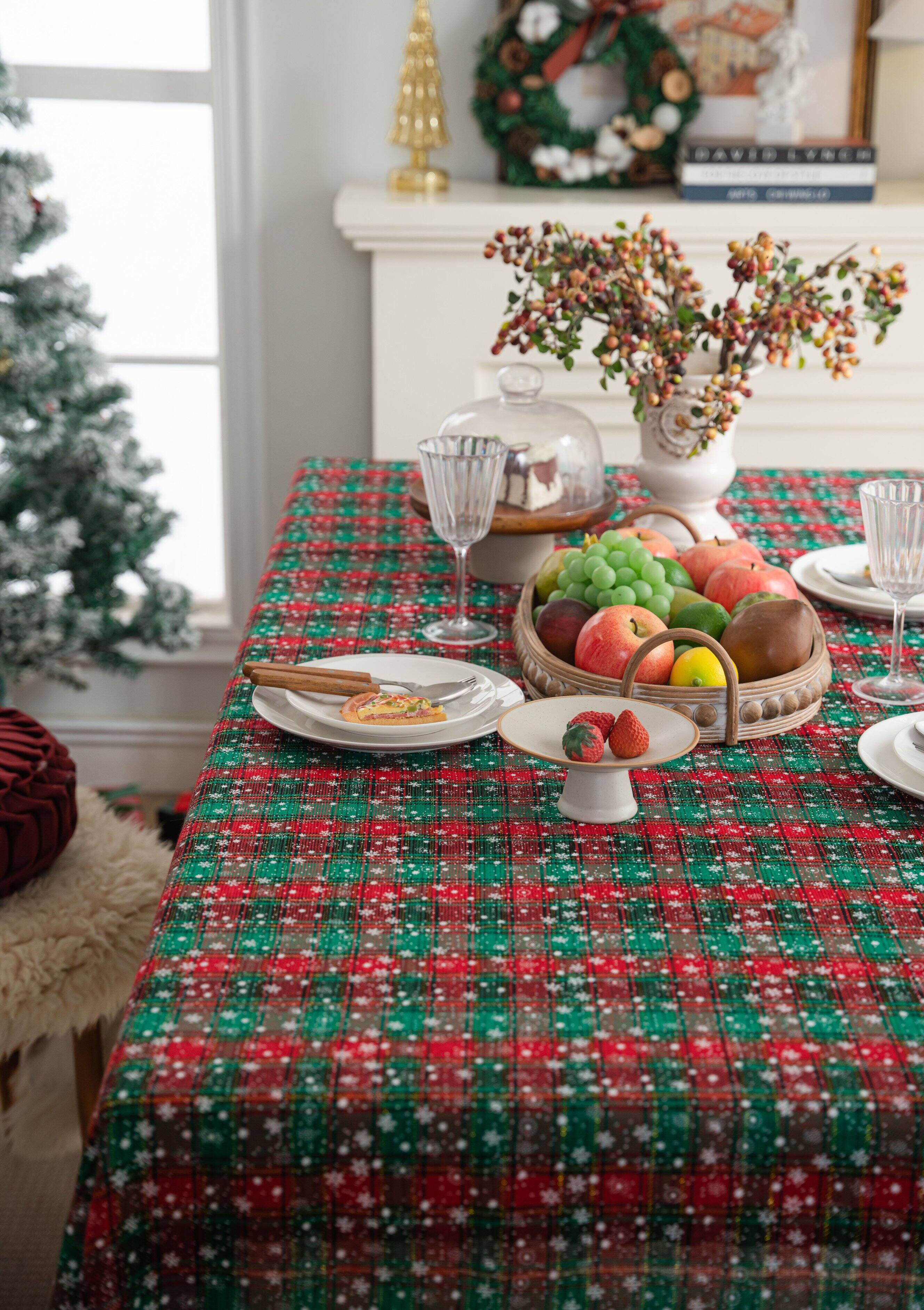 Alt View 1. Oumilen - 59x86.6in Rectangle Christmas Red & Green Plaid Tablecloth with White Pom Pom Fringe – Winter Snowflake for Xmas Decor - Multicolor.