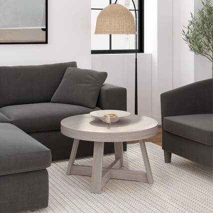 Front. Plank+Beam - Classic Round Coffee Table (30in x 30in / 760mm x 760mm), Seashell Wirebrush - Seashell Wirebrush.