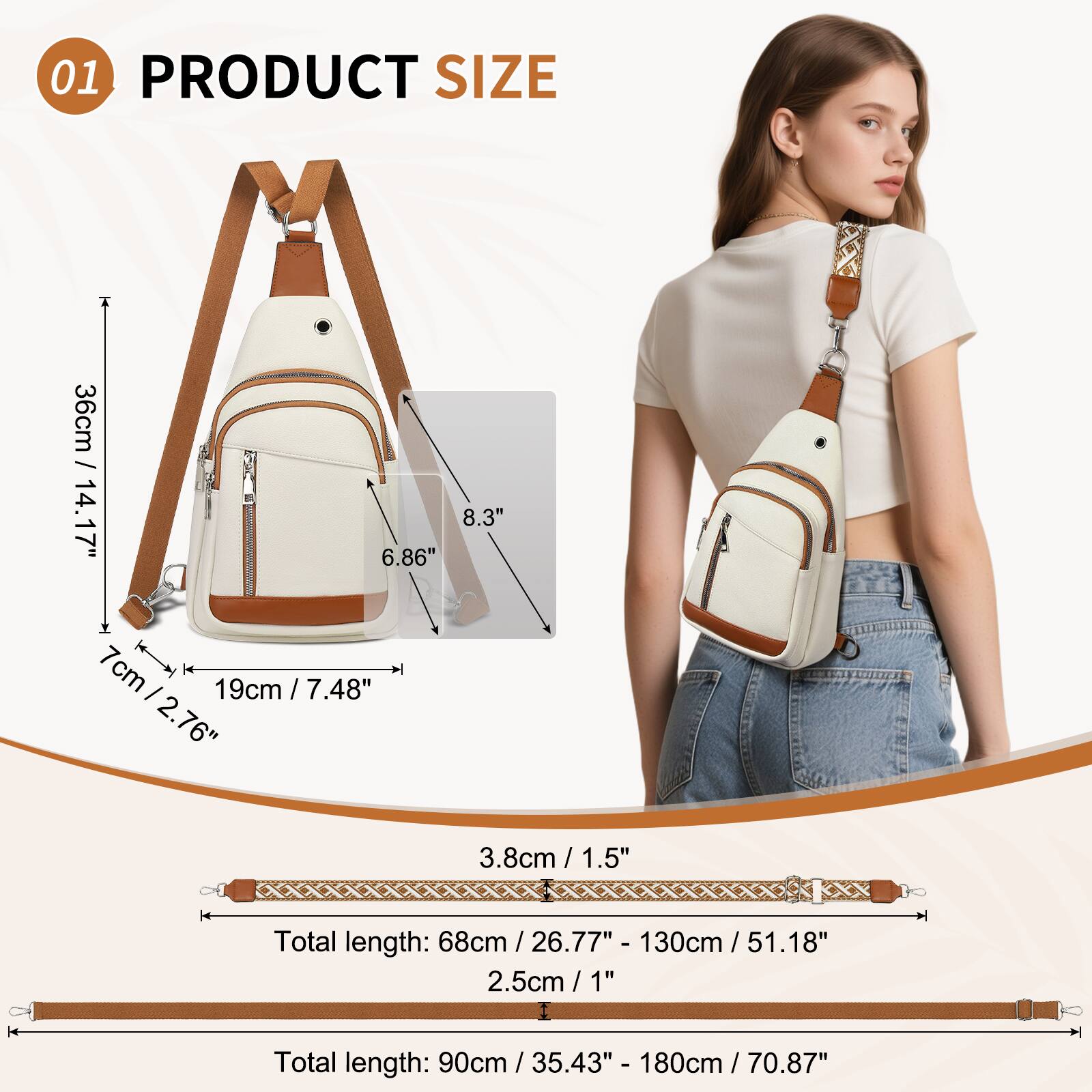 01 PRODUCT SIZE

- 36cm / 14.17"
- 19cm / 7.48"
- 7cm / 2.76"
- 6.86"
- 8.3"
- 3.8cm / 1.5"

Total length: 68cm / 26.77" - 130cm / 51.18"

Total length: 90cm / 35.43" - 180cm / 70.87"