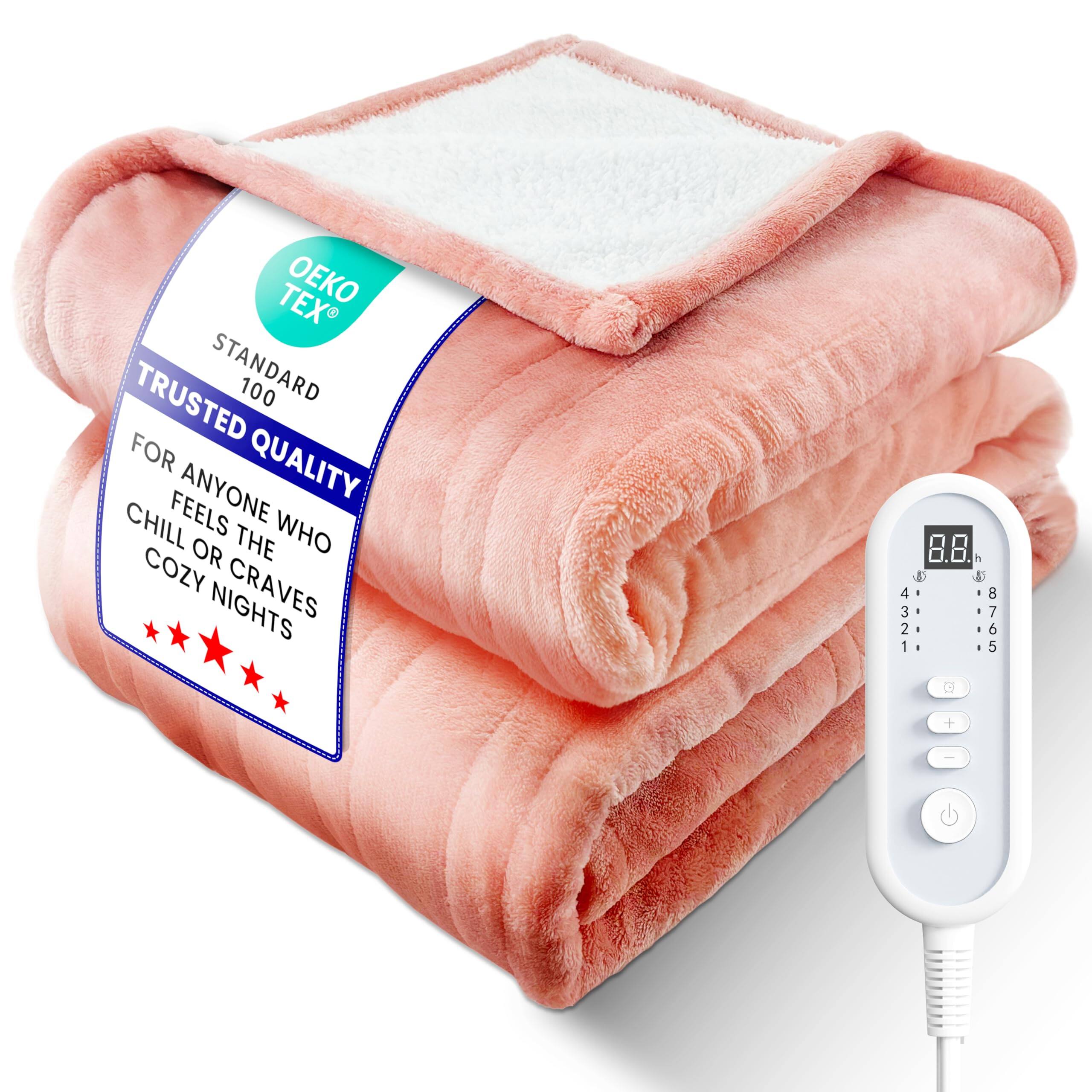 Fabibe - Electric Heated Blanket Full Size Ultra-cozy Flannel & Sherpa Even Heat Distribution Stable Temp 1-10h Auto-off 8 - Pink-Full