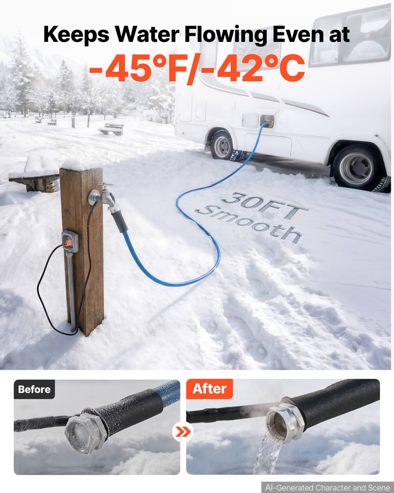Keeps Water Flowing Even at -45°F/-42°C

30FT Smooth

Before

After

AI-Generated Character and Scene
