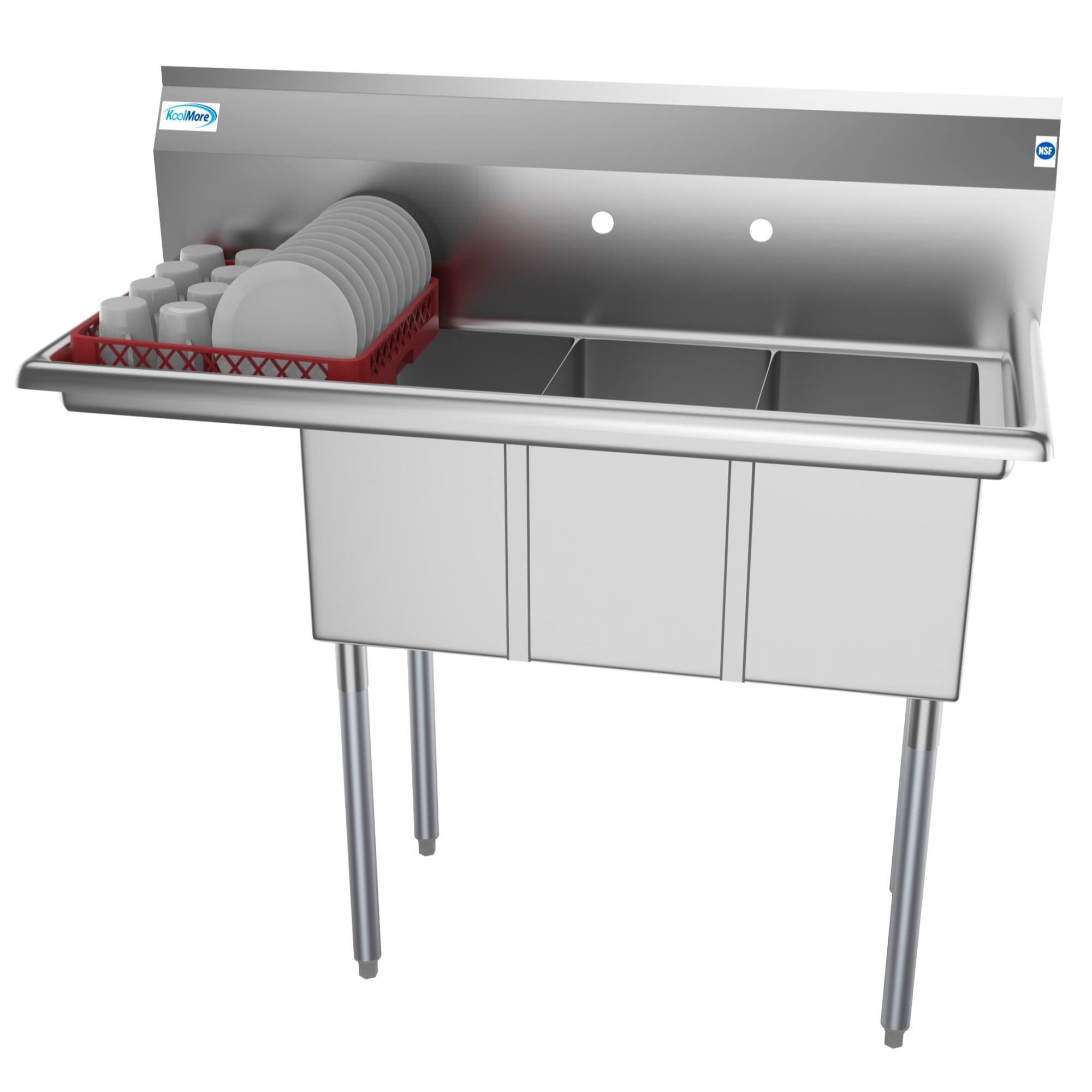 Front. Koolmore - 45 in. Three Compartment Stainless Steel  Sink with Drainboard, Bowl Size 10"x 14"x 10" SC101410-12L3. - Stainless Steel.