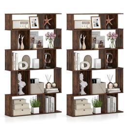 Costway - 2 PCS 5-Tier Geometric Bookshelf with Open Shelves Closed-back Cubes for Living Room - Rustic Brown