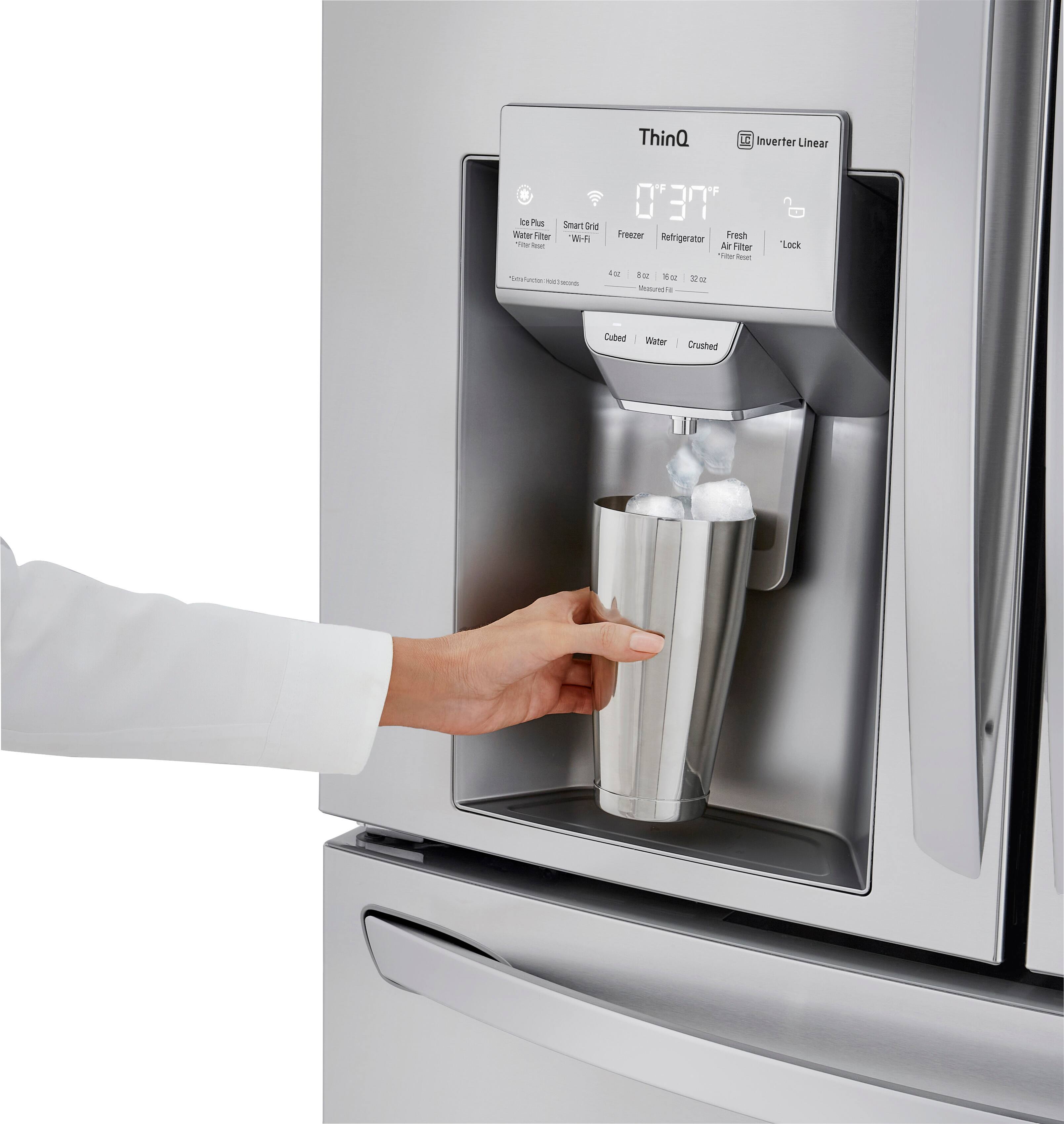 ThinQ  
Inverter Linear  

Plus  
Smart Grid Filter  
Wi-Fi  

Freezer  
Refrigerator  
Fresh Filter  
Lock  

0°F 37°F  

4 oz  
8 oz  
16 oz  
32 oz  

Cubed  
Water  
Crushed  

Ice  
Water  

Smartest Ice Maker