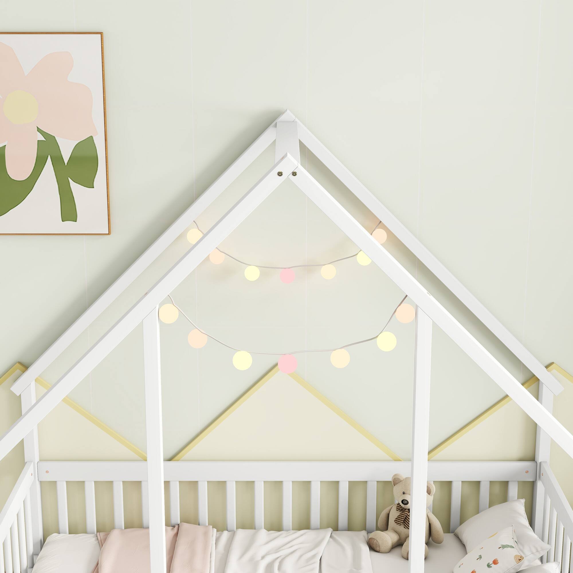 Alt View 8. GOODSILO - House-Shaped Twin Floor Bed with Safety Fence and Guardrails for Children's Playful Sleep Space - White.